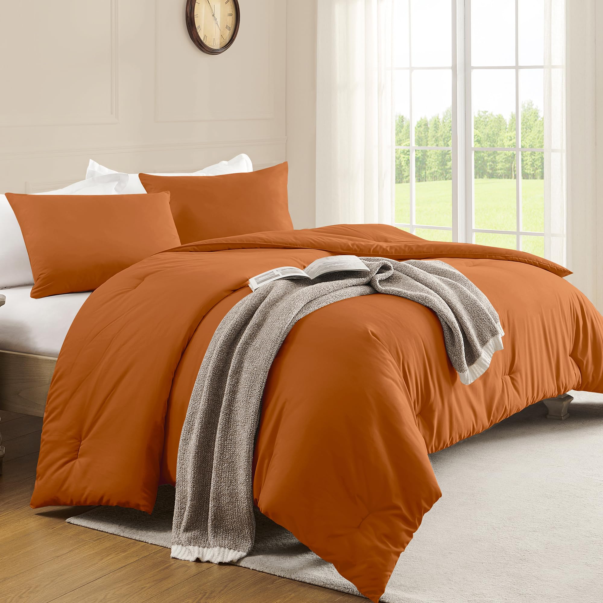 downluxe King Size Comforter Set Burnt Orange, 3 Pieces Solid Lightweight King Comforter Set, Soft Warm Comforter Set for All Seasons - 1 Comforter 104"x92" and 2 Pillow Shams 20"x36"