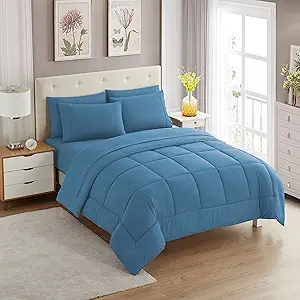Sweet Home Collection 7 Piece Comforter Set Bag Solid Color All Season Soft Down Alternative Blanket & Luxurious Microfiber Bed Sheets, Denim, King