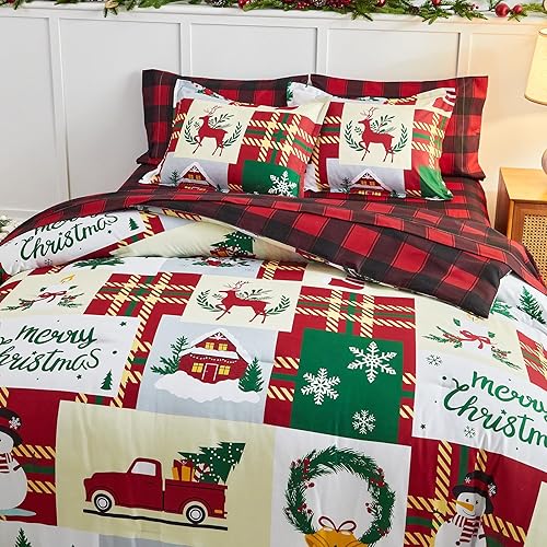 Flysheep Juego de edredón de 3 piezas con diseño de retazos rojos de Navidad, tamaño individual, rojo, verde, blanco y beige, estampado de festival