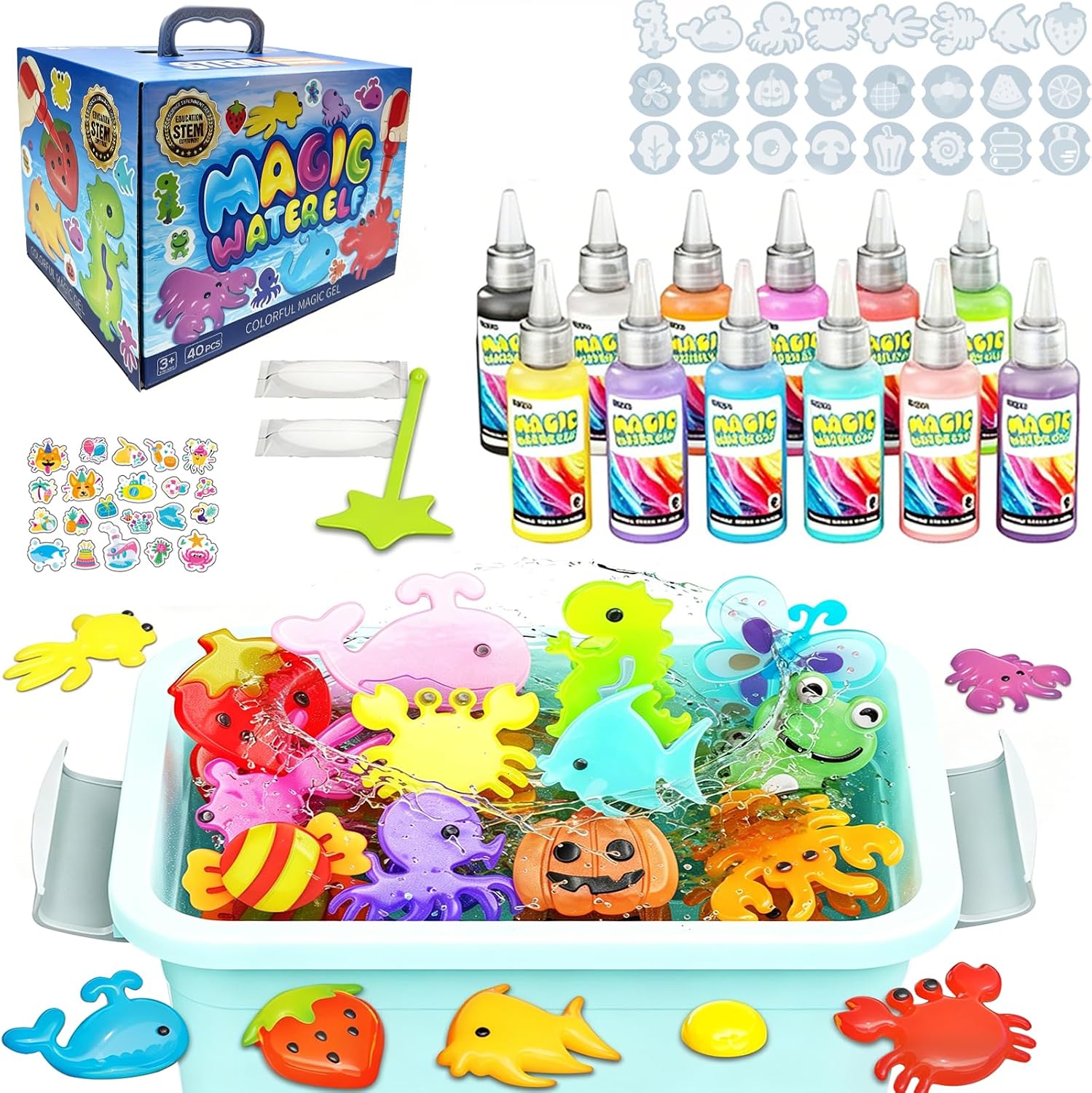 Magic Water Elf Toy Kit for Kids,Squishy Making Kit,Aqua Fairy Water Gel Kit,DIY Craft Kit with 12 Gels & 24 Molds,Creative Educational Craft Gifts, Party Favors & Birthday Gifts for Kids Ages 3+