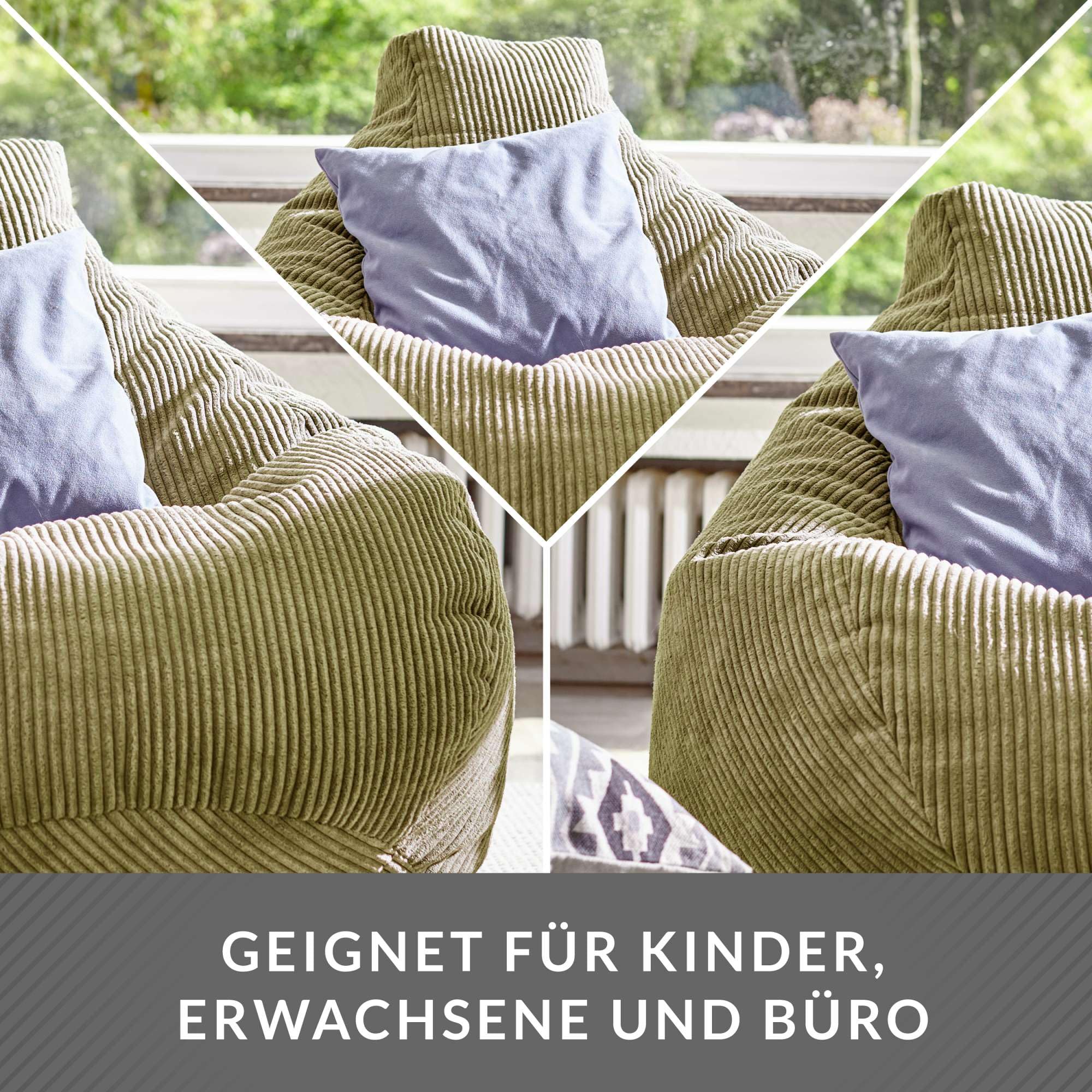 Green Bean© Pouf avec Dossier 80x80x90cm - Gaming Chair avec Remplissage 230L Tissu Velours côtelé - Bean Bag Coussin de Sol Lounge Pouf Fauteuil Relax Gamer Chaise Vert