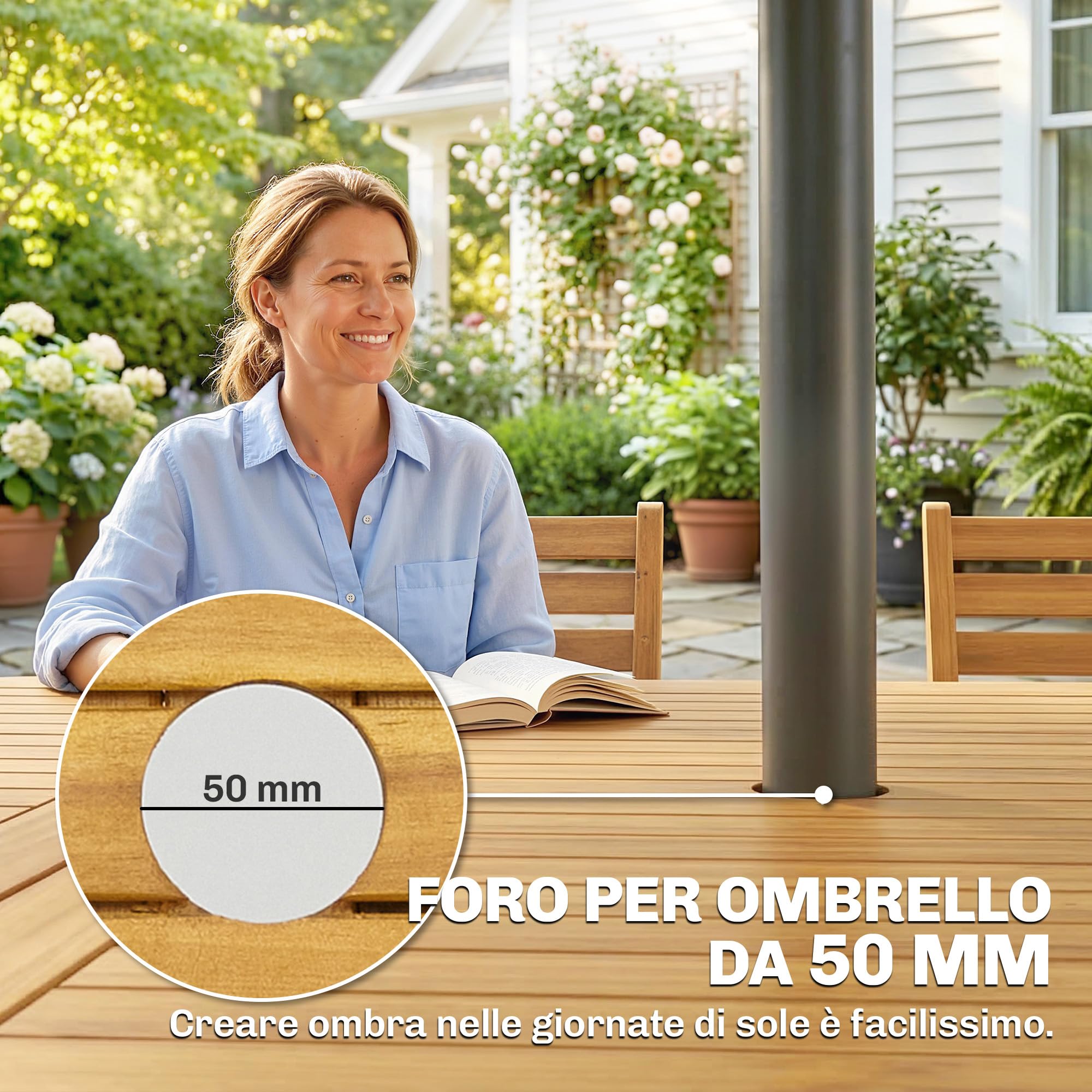 Outsunny Set Tavolo e Sedie da Giardino 7 Pezzi in Legno Acacia Pieghevole con Foro Ombrellone Ruote