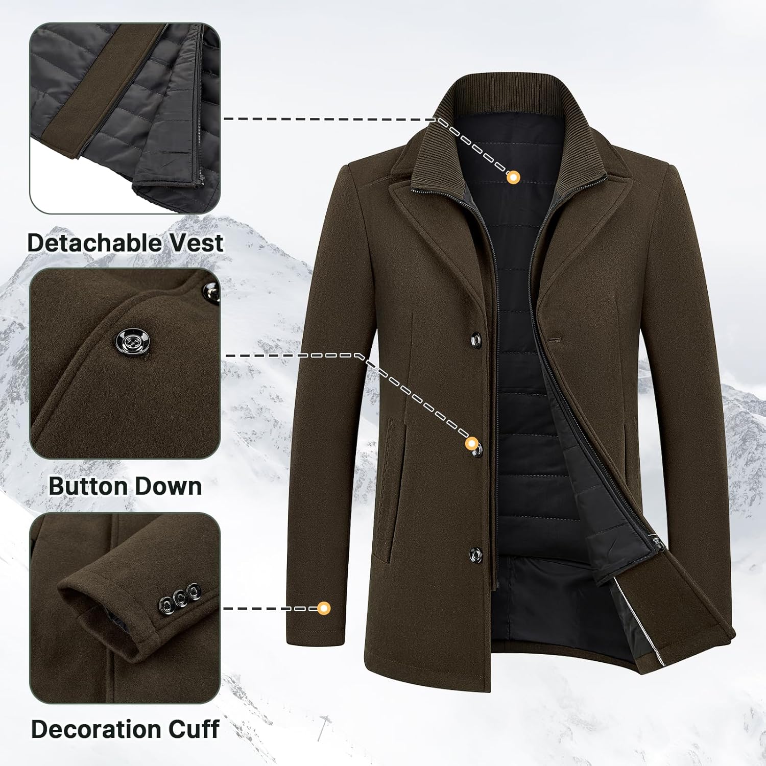 Lamgool Men's Winter Wool Coat with Removable Padded Vest 2-in-1 Winter Warm Casual Peacoat - Image 5