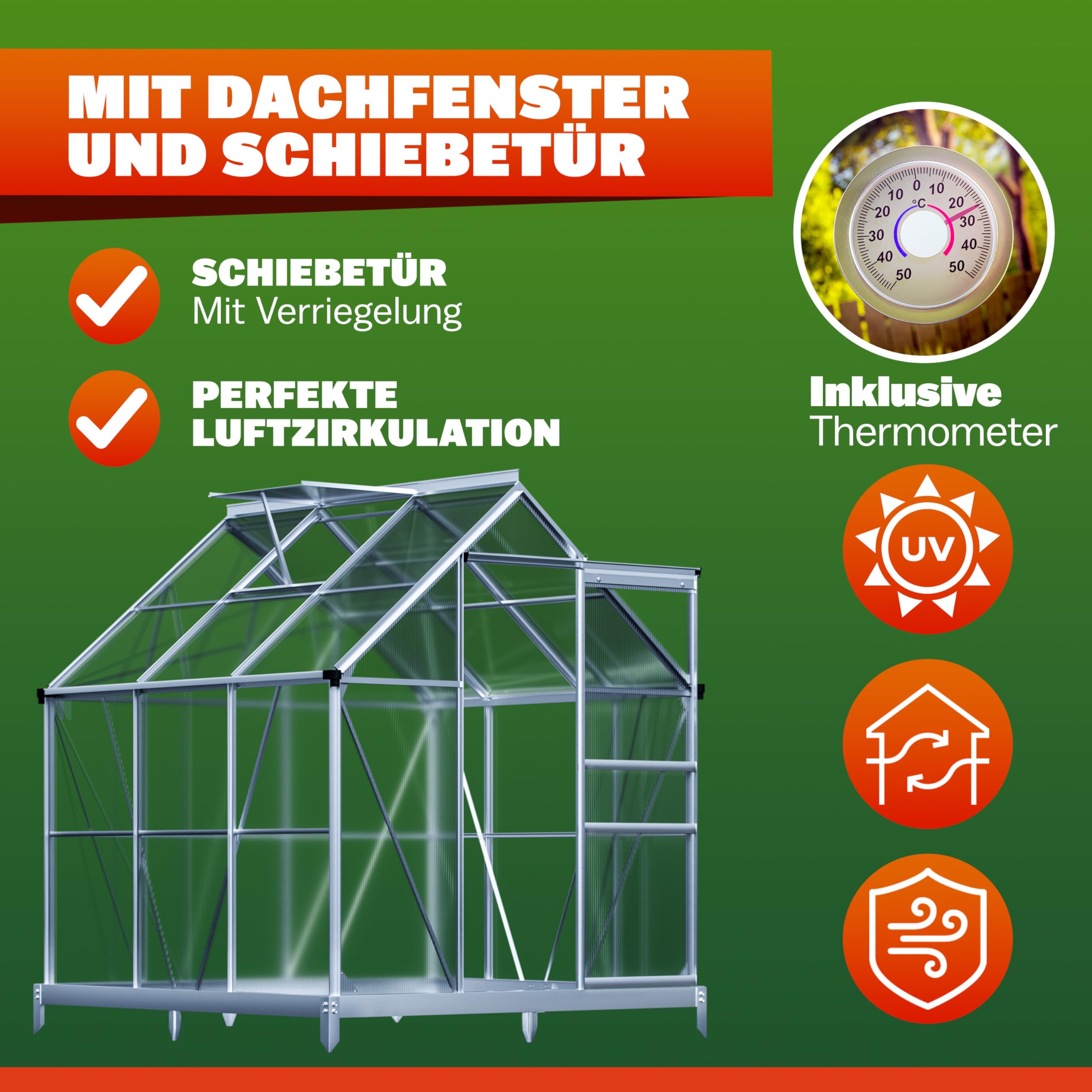 GARDEBRUK® Gewächshaus Aluminium 3,6m² mit Fundament 190x190cm inkl. Dachfenster Tomatenhaus Treibhaus Anzuchthaus Garten Frühbeet Aufzucht 5,8m³
