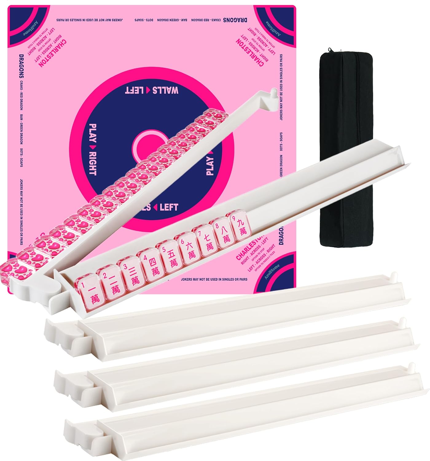31.5'' x 31.5'' Pink American Mahjong Mat with 18'' White Mahjong All-in-One Tile Rack & Pusher Set for Mahjong Games