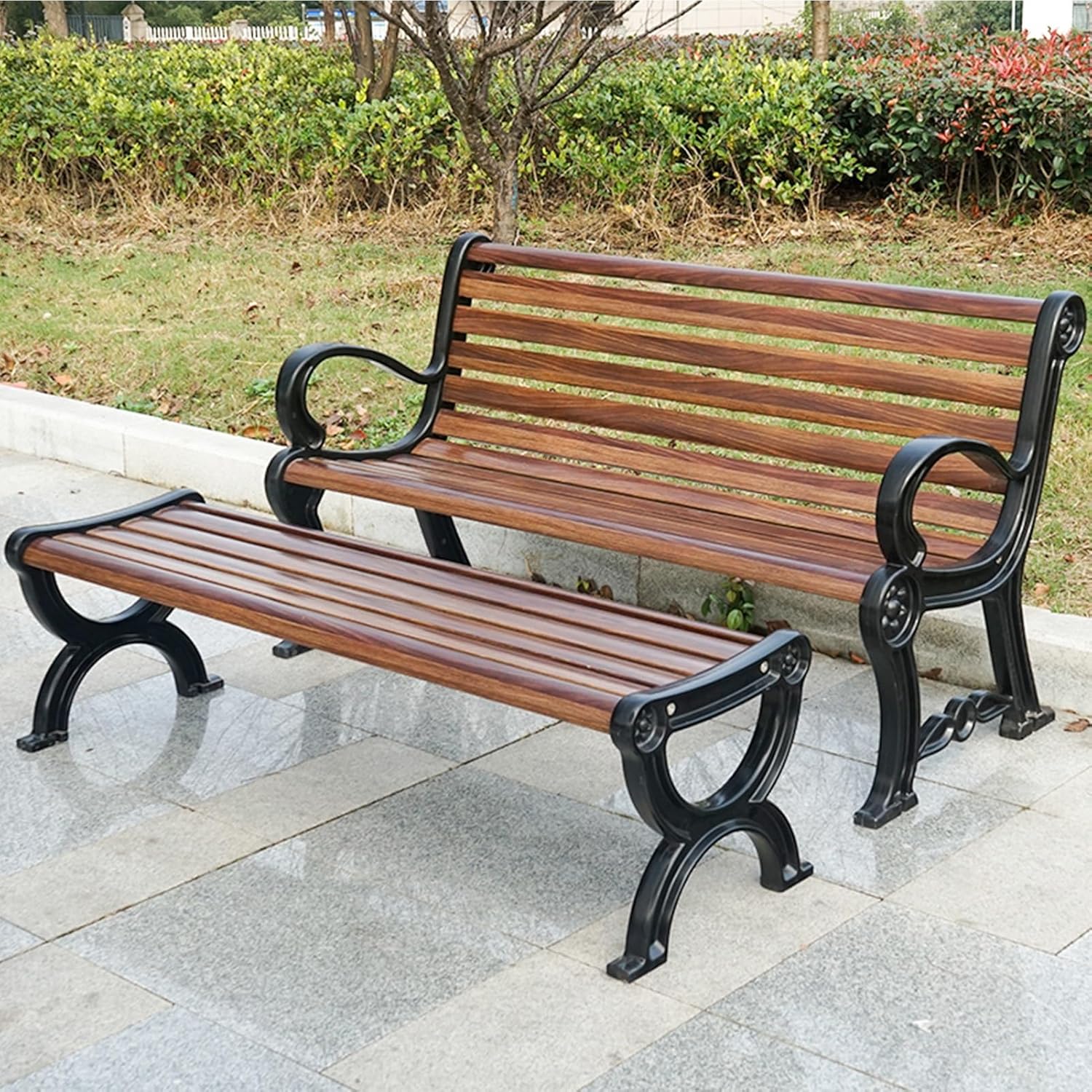 2-3 Seater Garden Bench, Wooden Garden Bench, w/Decorative Backrest & Ergonomic Armrest for Outdoor Garden, Backyard, Lawn, Porch, Path Outdoor Leisure Loveseat(59x16.9x19.6in)