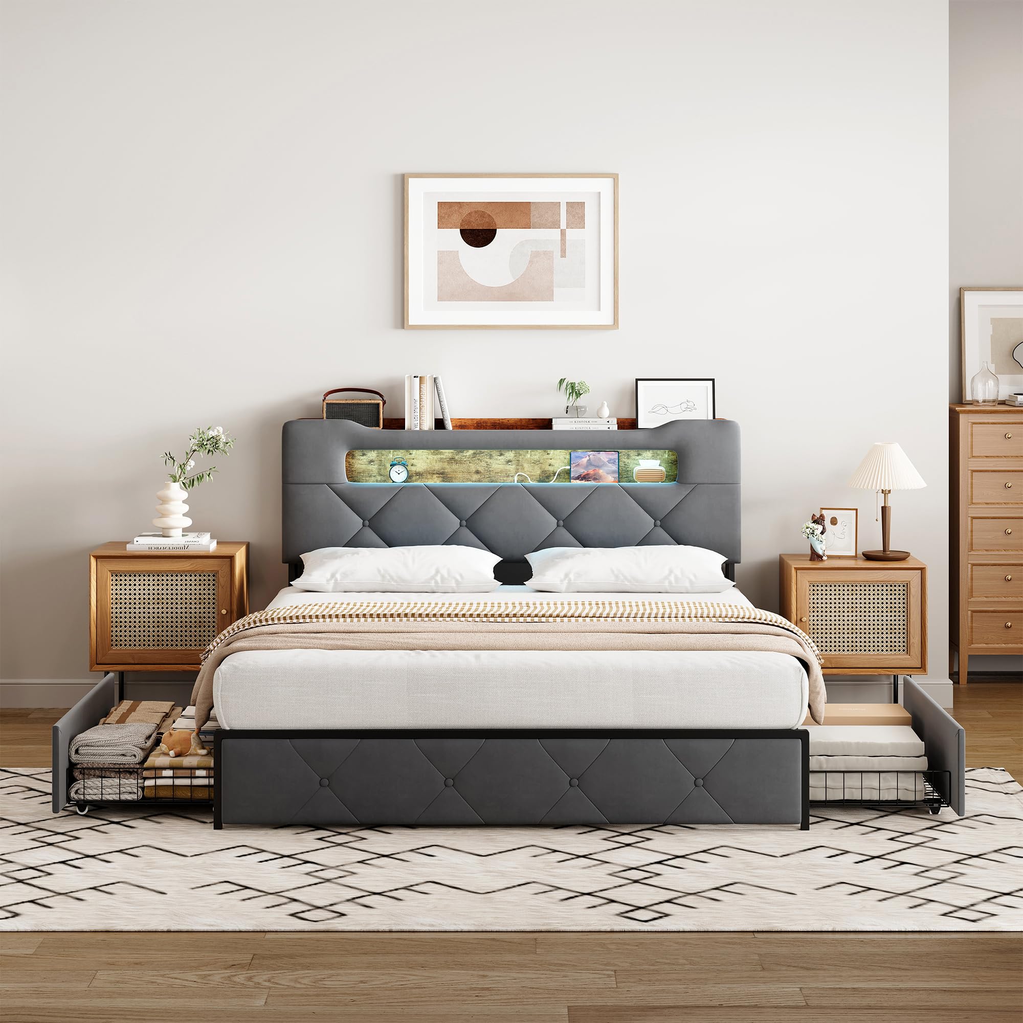 Letto 160x200 Matrimoniale, Letto con 4 cassetti, testiera con Illuminazione a LED e Funzione di Ricarica USB,Struttura Letto in Metallo con doghe in Legno，Letto Imbottito Velluto,Gris