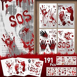 AhfuLIfe Halloween Decoration Horror Scary, Large Bloody Handprint Footprint Window Pictures, 191 Pieces Halloween Window ...