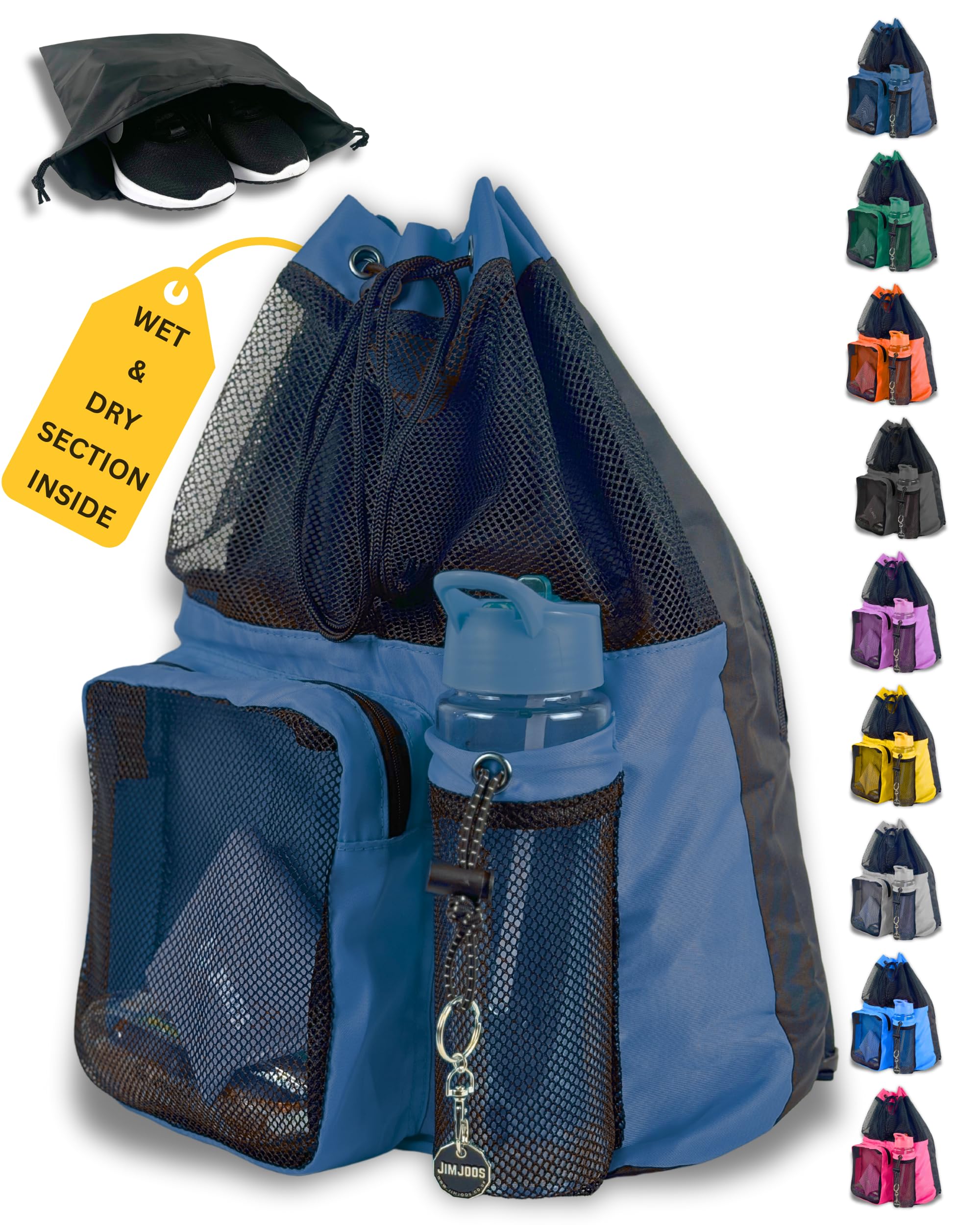 JIMJOOS Drawstring Mesh Swimming Bag - 25L Waterproof Swim Bag with Wet/Dry Compartment, Multifunctional Sports Backpack for Kids, Adults, Swimming, Surfing, Beach, Gym (Navy Blue)