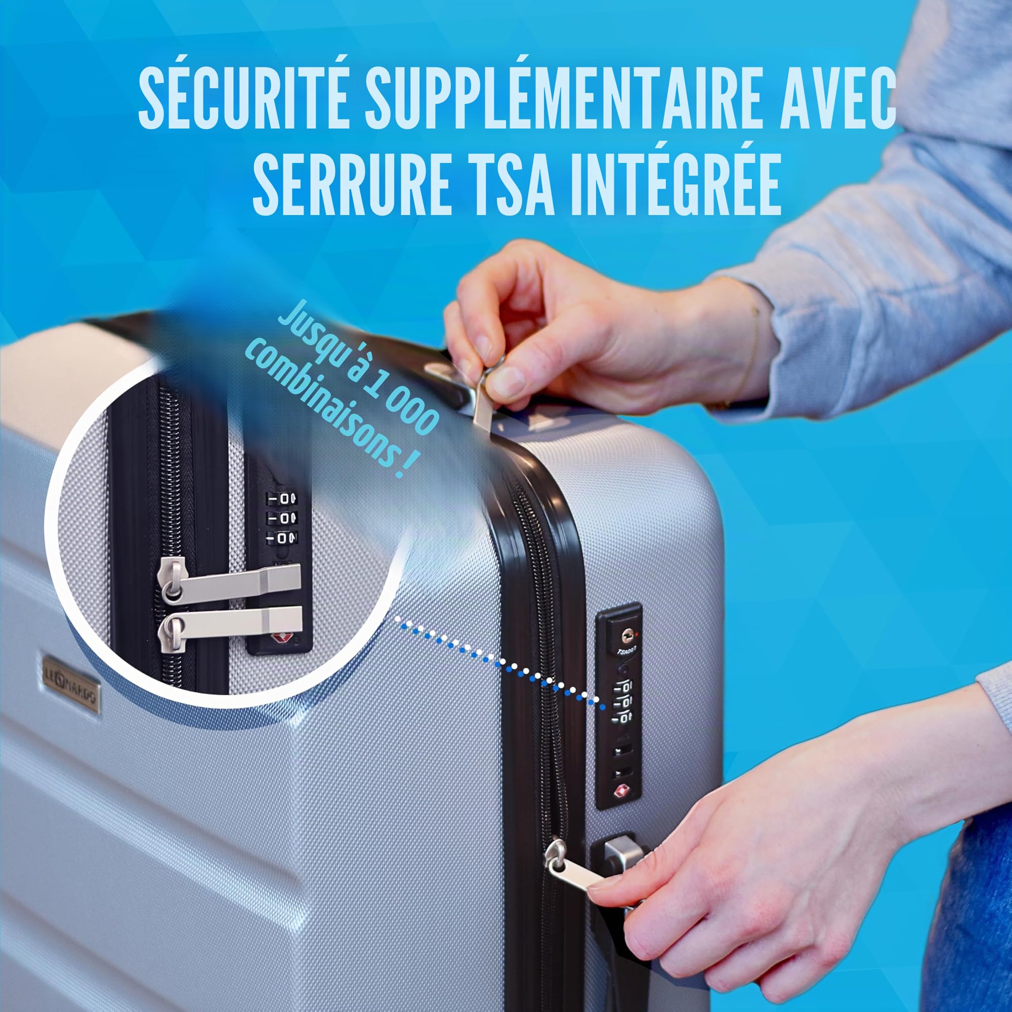 Leonardo® Set de 3 Valises avec Serrure TSA | Valise Cabine de Voyage | Bagage Moyenne | Grande Taille | avec 4 Roues Doubles | Hard Case | S-M-L Set | Venice | Argent