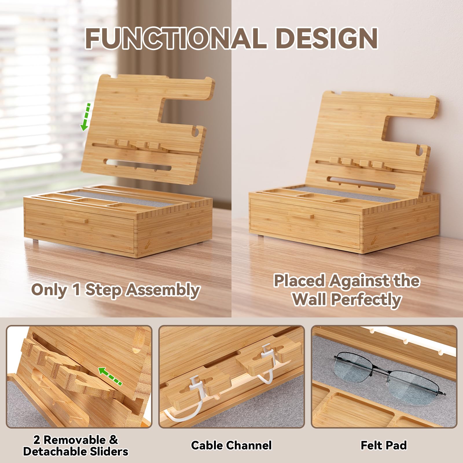 Pezin & Hulin Wood Nightstand Organizer Tray, Bamboo Phone Docking Station with Drawer, Bedside Valet Tray for Multi-Device - Image 4