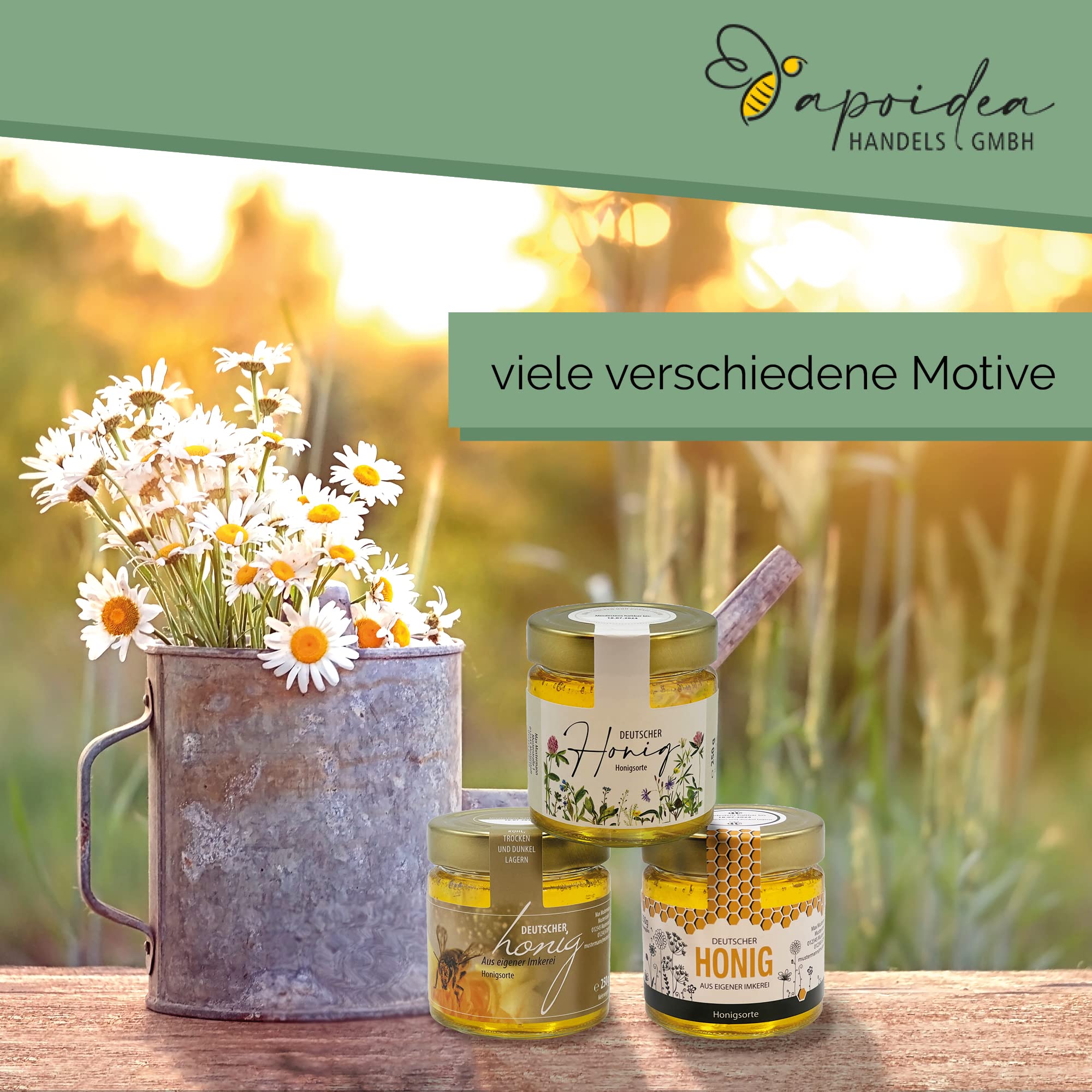 Apoidea – Honig Etiketten 250 g mit Gewährverschluss selbstklebend & personalisierbar - 25 Stück/Etiketten Honiggläser/Honig Aufkleber für selbstgemachten Honig/Honigetiketten für Honiggläser