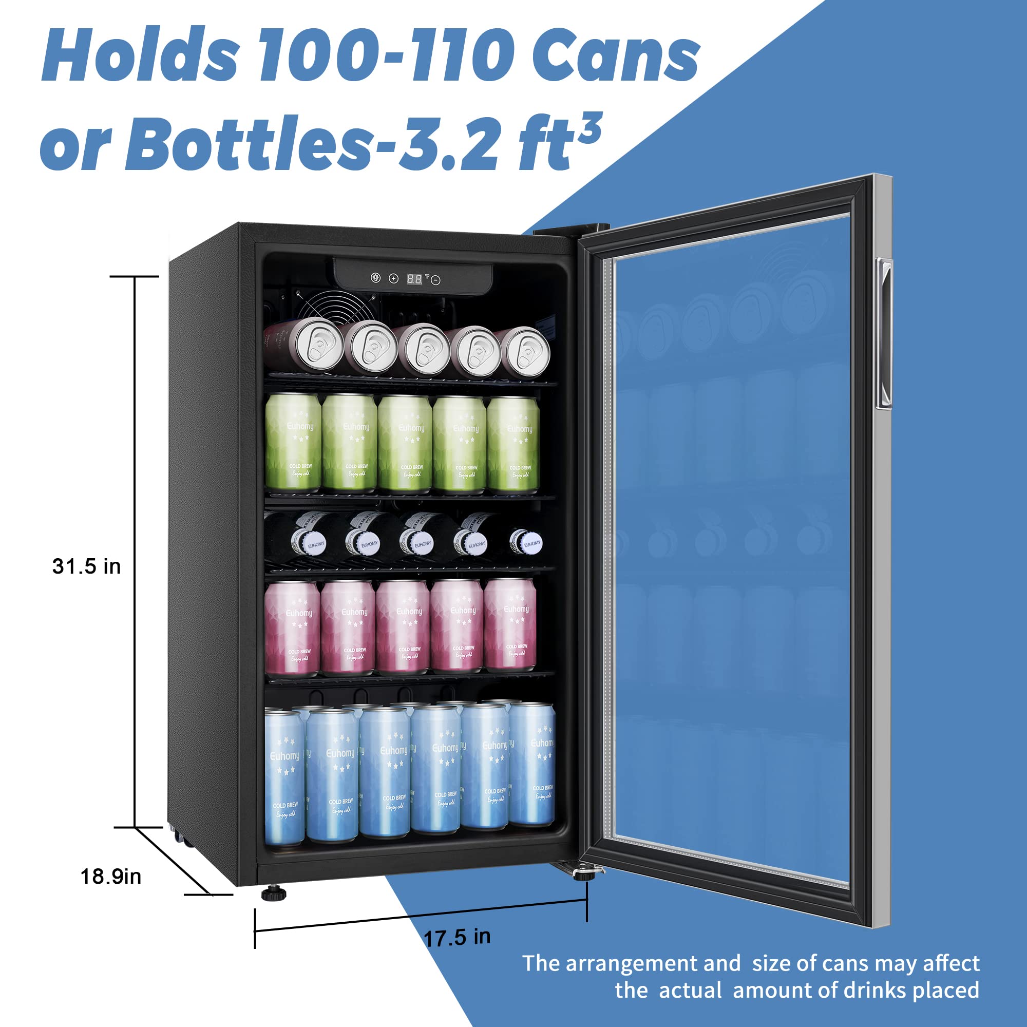 Euhomy Beverage Refrigerator and Cooler, 120 Can Mini fridge with Glass