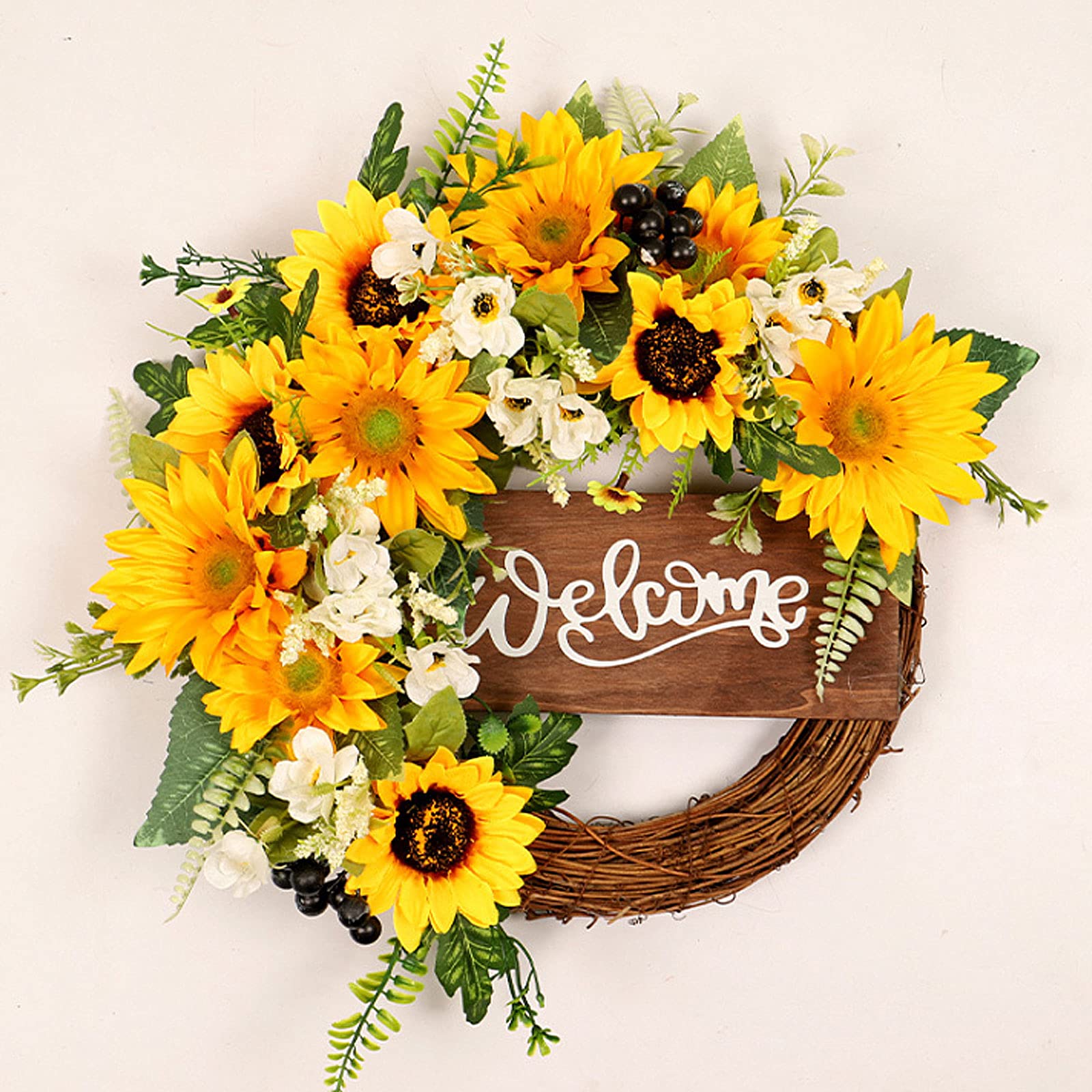 Ghirlanda di girasole artificiale, ghirlanda di benvenuto da appendere, ghirlanda di fiori finti per estate, autunno, primavera, cartello di benvenuto per porta d'ingresso, parete, festa di