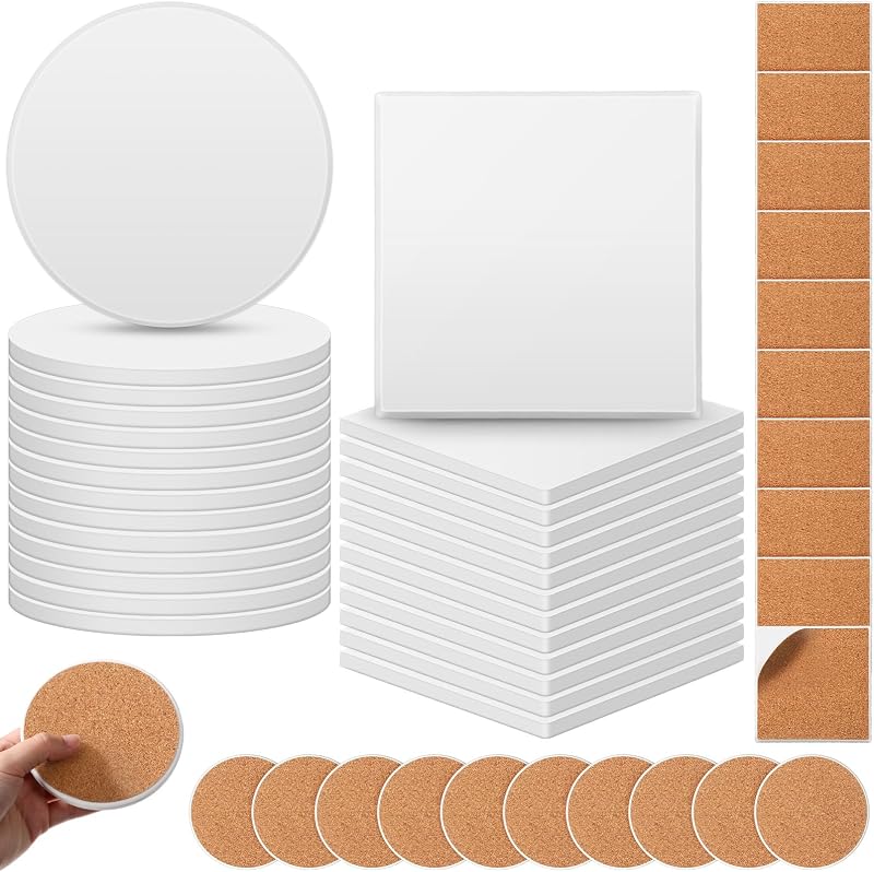 Zopeal 48 Pcs Ceramic Tiles for Crafts with Cork Backing Pads, Square,Round | White Coaster Tiles with Cork Backing Pads, Alcohol Ink Acrylic Pouring DIY Projects, Unglazed Surface Ideal for Gifts
