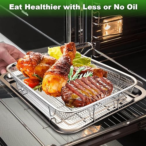 Miniatura 2 de APACALI Cesta grande para freidora de aire para horno de 15.7 x 11.8 pulgadas, bandeja para freidora de aire de acero inoxidable y bandeja para