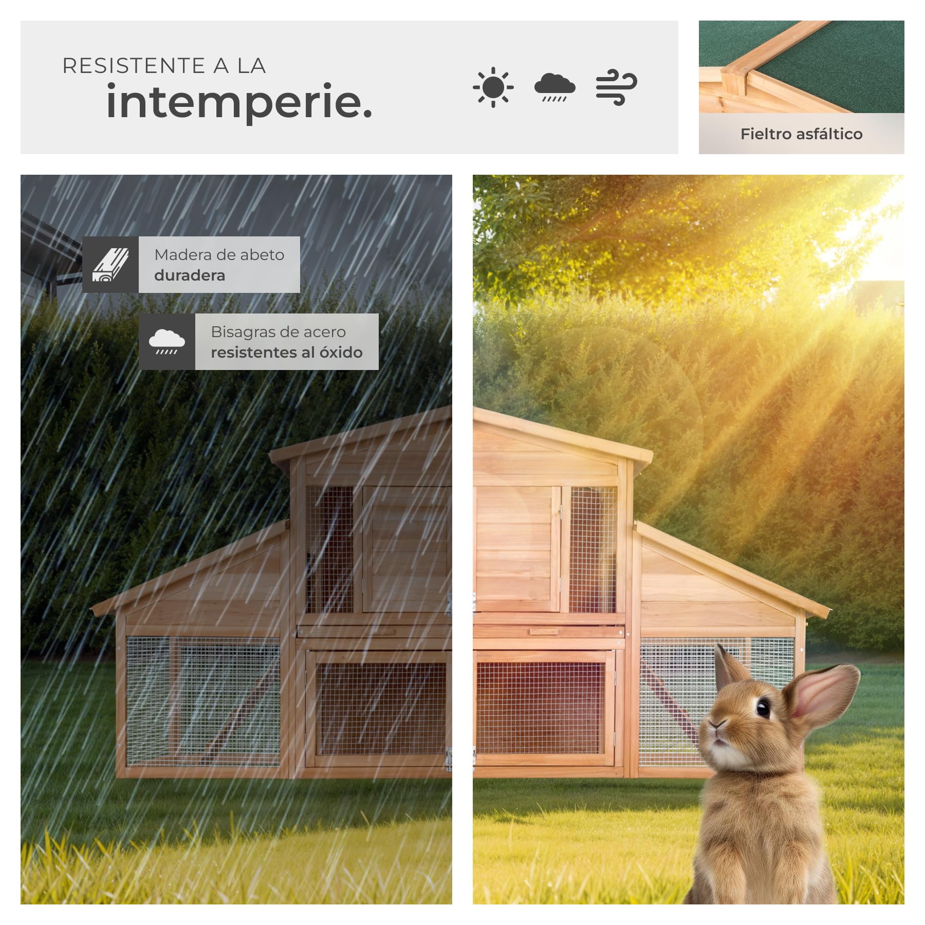 tectake® Conejera Exterior de Madera con Espacios Abiertos y Cerrados, Ideal como Casa para Conejos o Jaula Cobaya, Ideal para Tener Tus Conejos de Mascota al Aire Libre - 226 x 77 x 95,5 cm Marrón