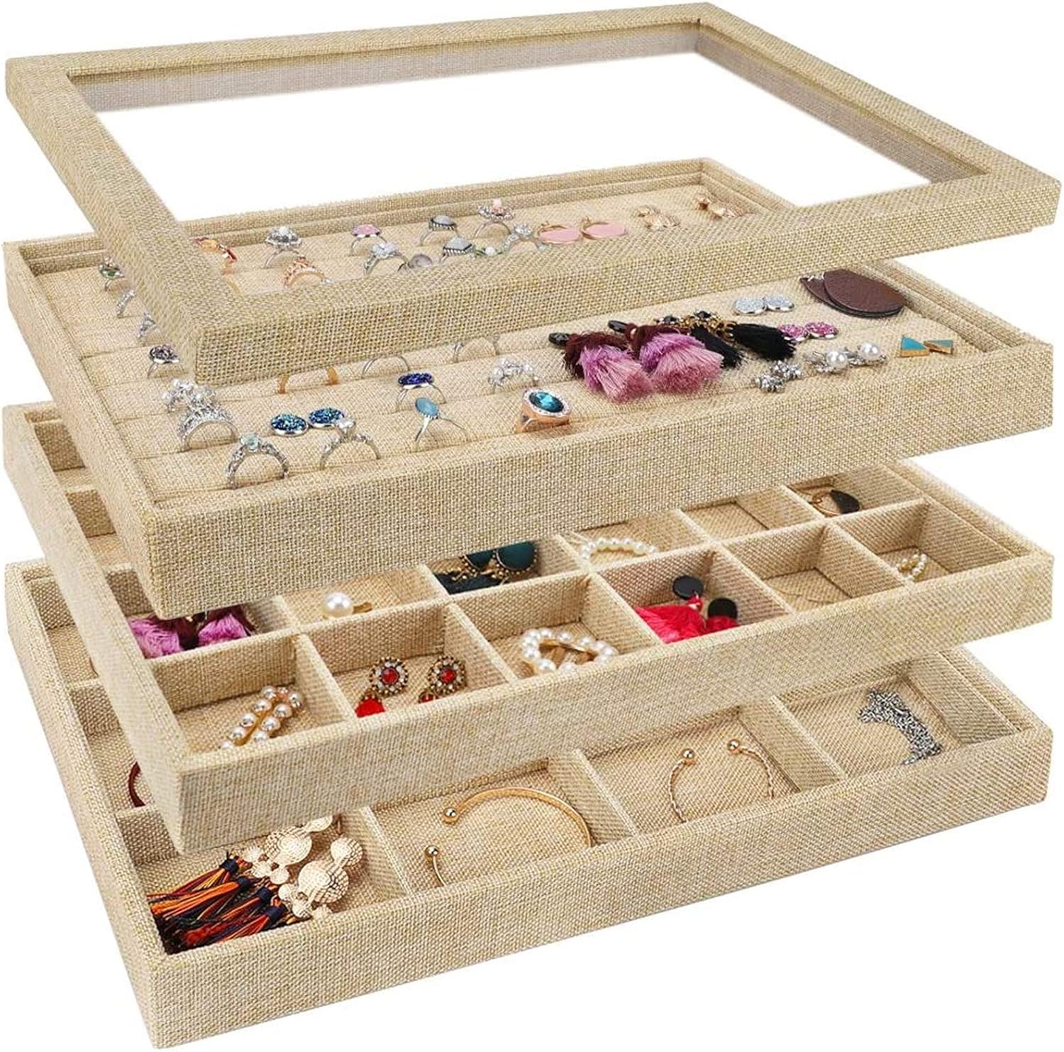 Mebbay Stackable Sackcloth Jewelry Trays Organizer Set with