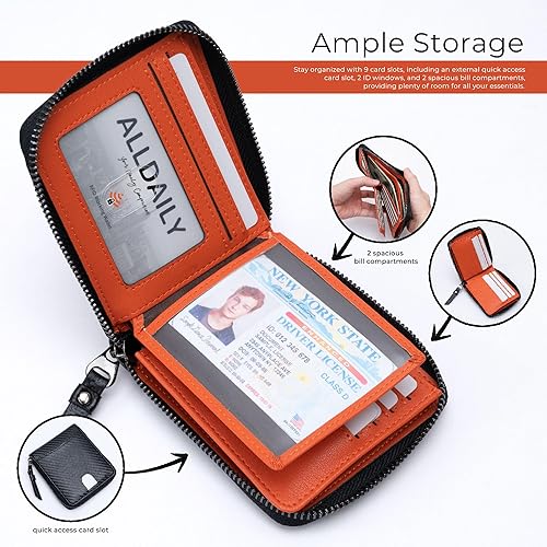 Miniatura 2 de Carteras con bloqueo RFID para hombre de Alldaily con cremallera y doble pliegue con soporte para tarjetas RFID, Negro y naranja, Moderno
