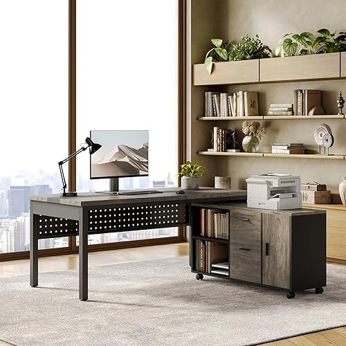 Miniatura 8 de LITTLE TREE Escritorio ejecutivo de 70.8 pulgadas con archivador lateral, estación de trabajo moderna de madera gruesa en forma de L, escritorio