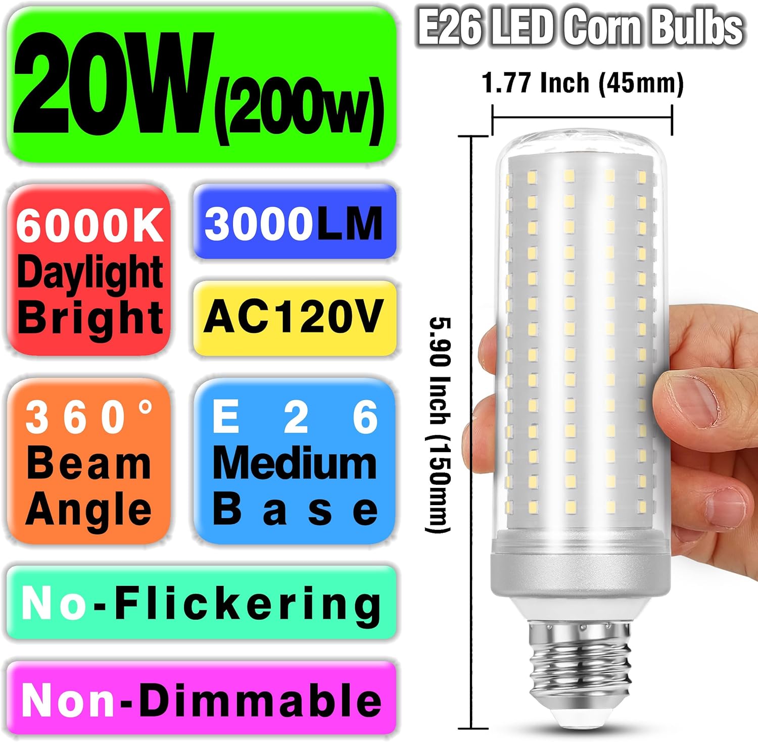 Big 1.77x 5.9 inch E26 LED Corn Light Bulb 200W Equivalent 3000 lm 6000K Cool Daylight Bright,20W E27 Medium Base Non-dimmable Candelabra Ceiling Fan Corn Lighting for Home Garage Warehouse,4Pack