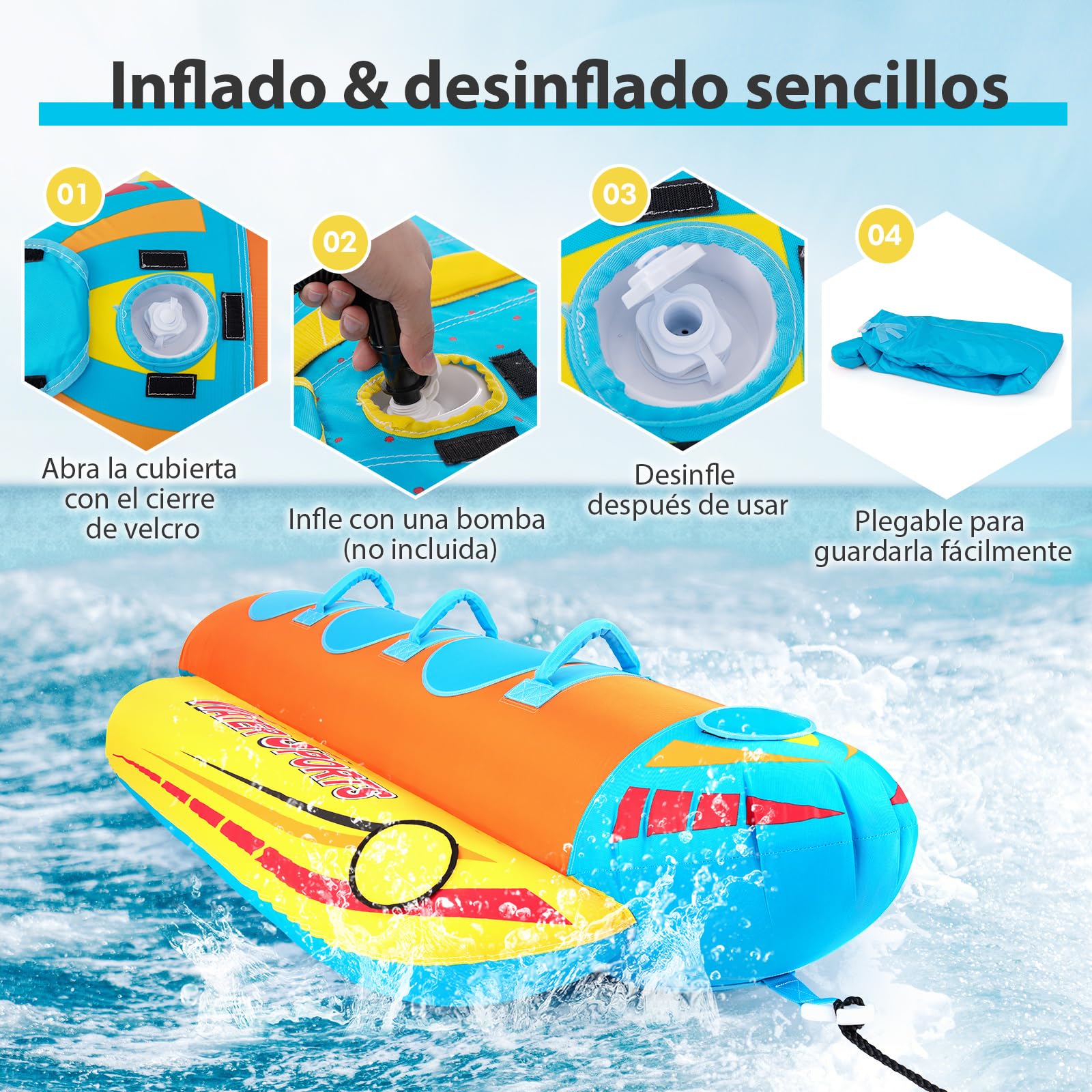 COSTWAY Tubo Remolcable para 1-3 Pasajeros, Bote Banana Inflable para Paseos y Deportes Acuáticos, Recreación con 3 Asientos y Manijas Acolchados de EVA, Kit de Reparación Incluido