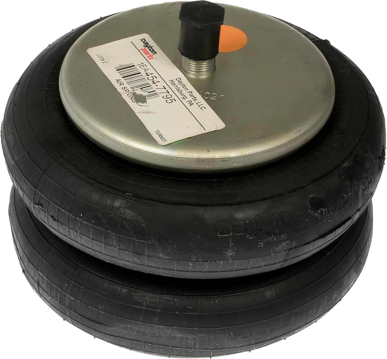 Dayton Parts 454-7795L Air Spring, Double Convoluted, 2.76" Collapsed Height, 6.31" Top Plate Diameter, 6.31" Bottom Plate Diameter, One Stud Top Plate, Two Hole Bottom Plate