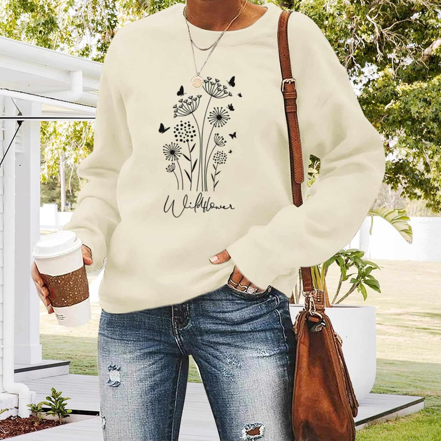 Bobeutou Flower Graphic Sweatshirt for Women 80s Vintage Minimalistic Floral Printed Long Sleeves Shirt Loose Pullovers Tops - Image 2