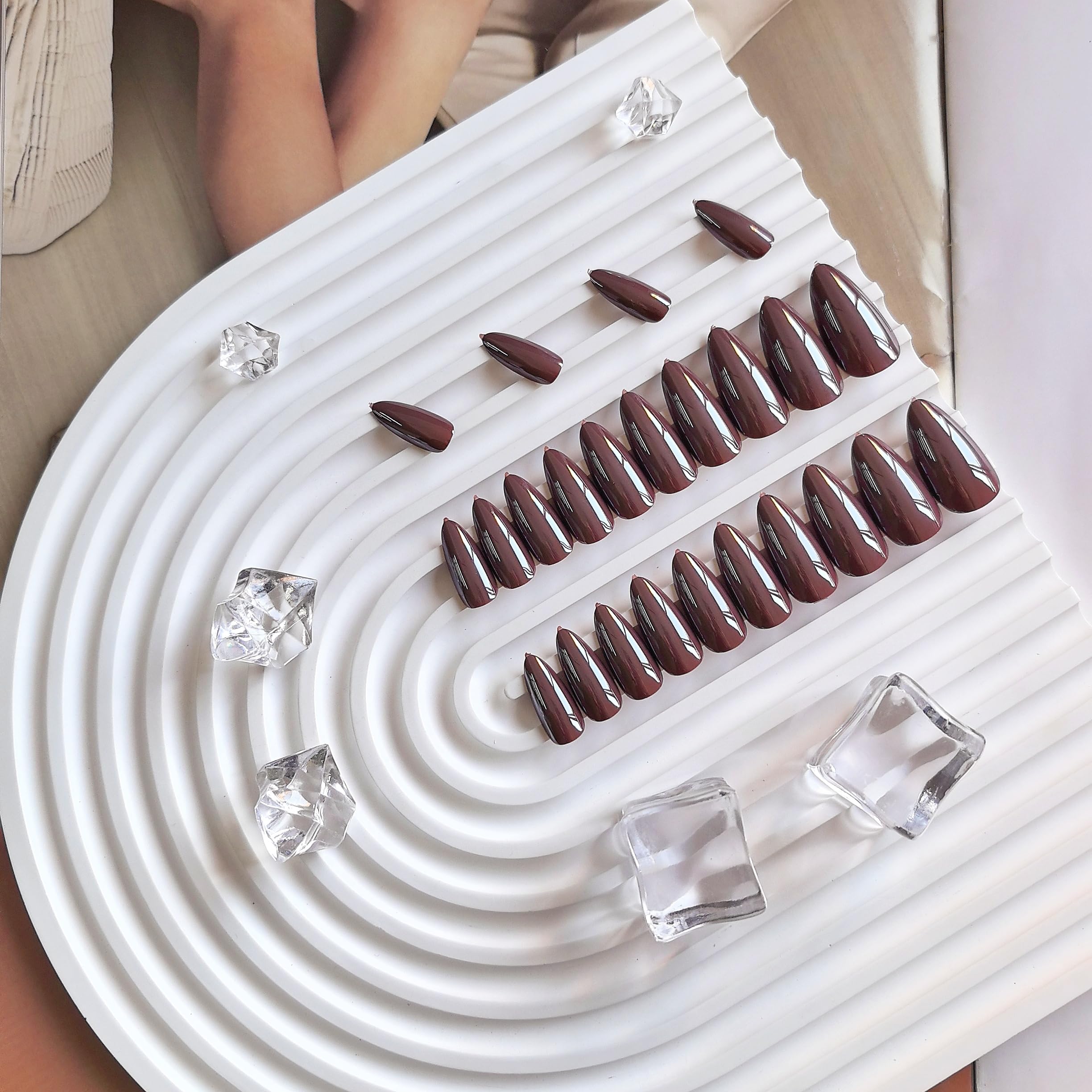 Chrome Brown False Nails Almond, SXVME Glazed Chrome Press On Nails Medium, Glitter Shine Fake Nails Medium Cute - Image 3