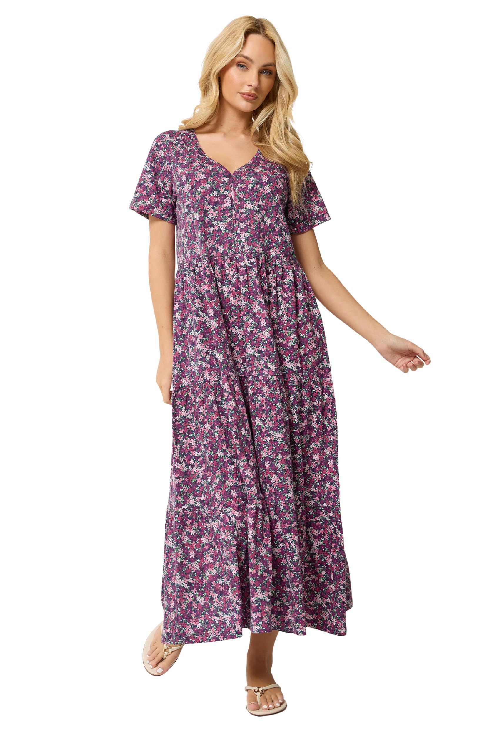 M&Co Berry Ditsy Floral Cotton Tiered Maxi Dress - Women's Purple