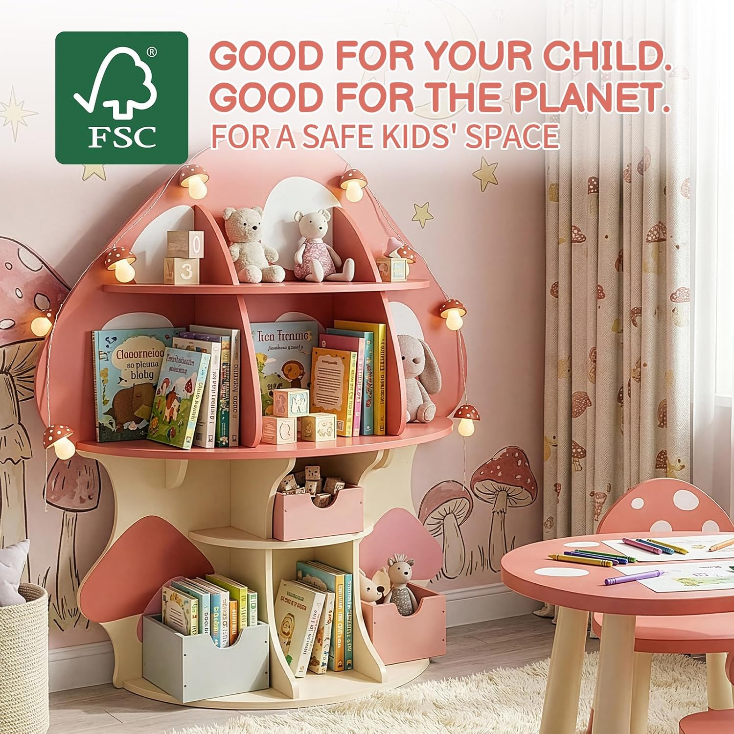 Karl home Children Mushroom Bookcase, Toddler Tree Bookshelf for Kids, Baby Montessori Bookshelf and Toy Storage, Kids Room Furniture, Display Shelf for Bedroom, Nursery, Playroom, Red-Orange