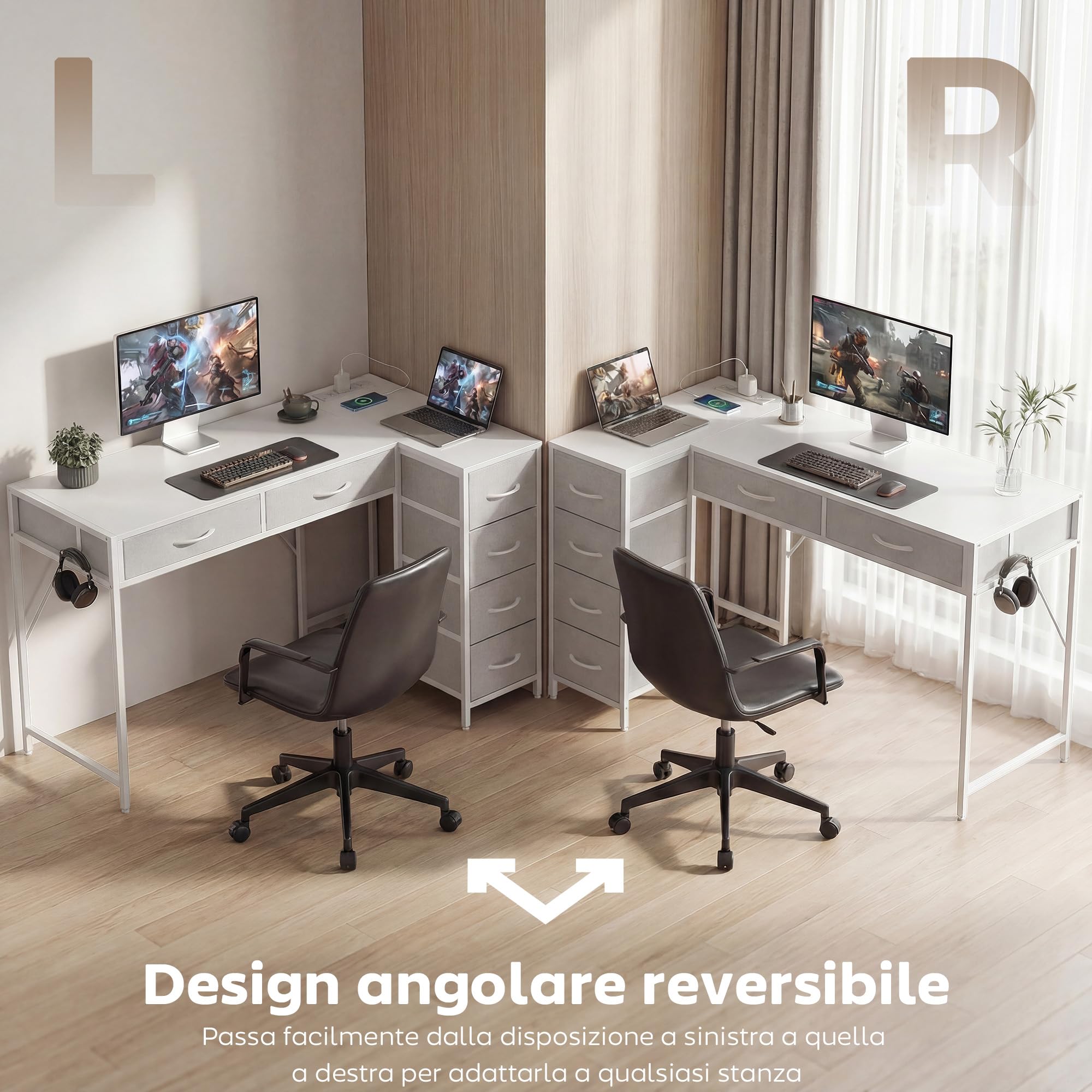 HOMCOM Scrivania Angolare Reversibile con Porte USB ad L 126x48 cm Bianco | Prese di Corrente, 6 Cassetti in Tessuto, Gancio Laterale, per Computer Ufficio Studio Casa