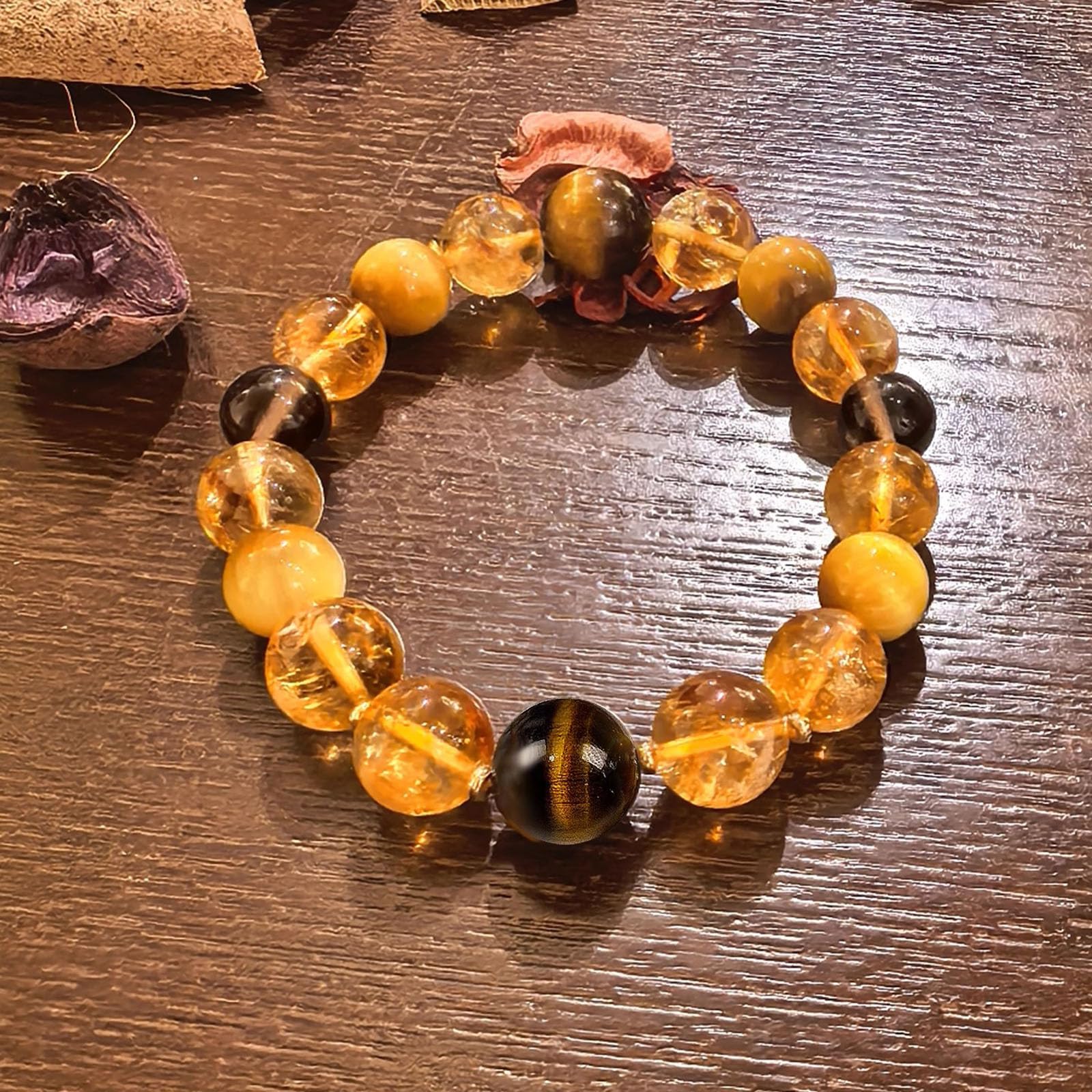 Braccialetti con Perline di Occhio di Tigre, Braccialetti di Cristallo curativo Fatti a Mano, Braccialetti Elastici in Pietra di Cristallo Giallo Naturale per Uomo e Donna,15.5mm