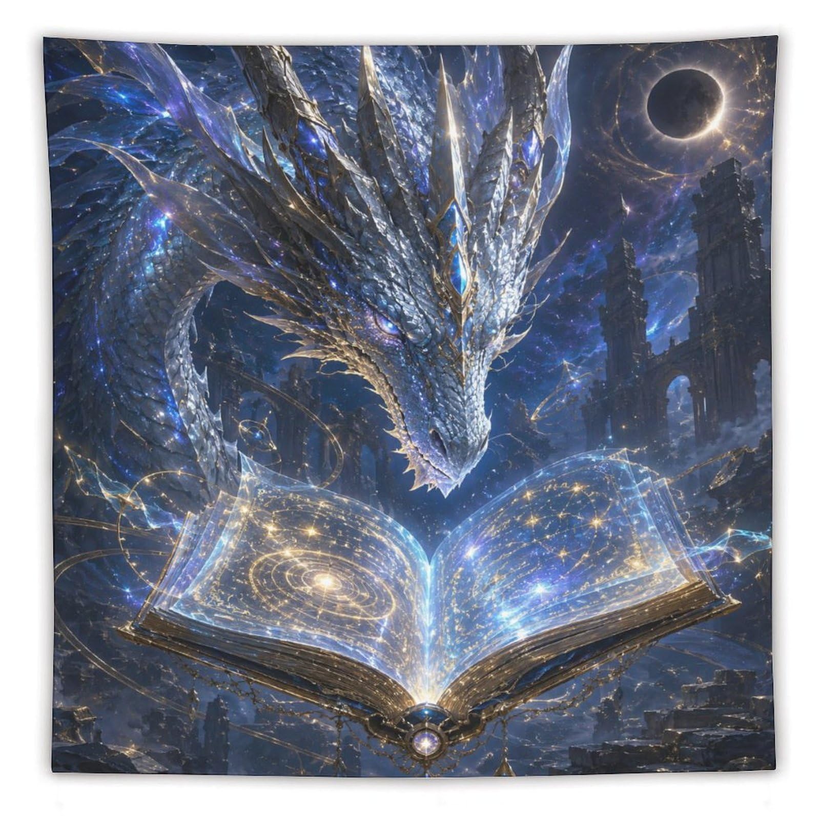 W7C8U2X3 Cosmic Dragon Magic Book Wall Tapestry, Surrealist Style, Entryway