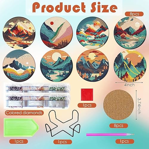 Miniatura 3 de ijbnhd 8 posavasos de pintura de diamante con soporte, posavasos de arte abstracto de diamantes para principiantes, adultos y niños, suministros de