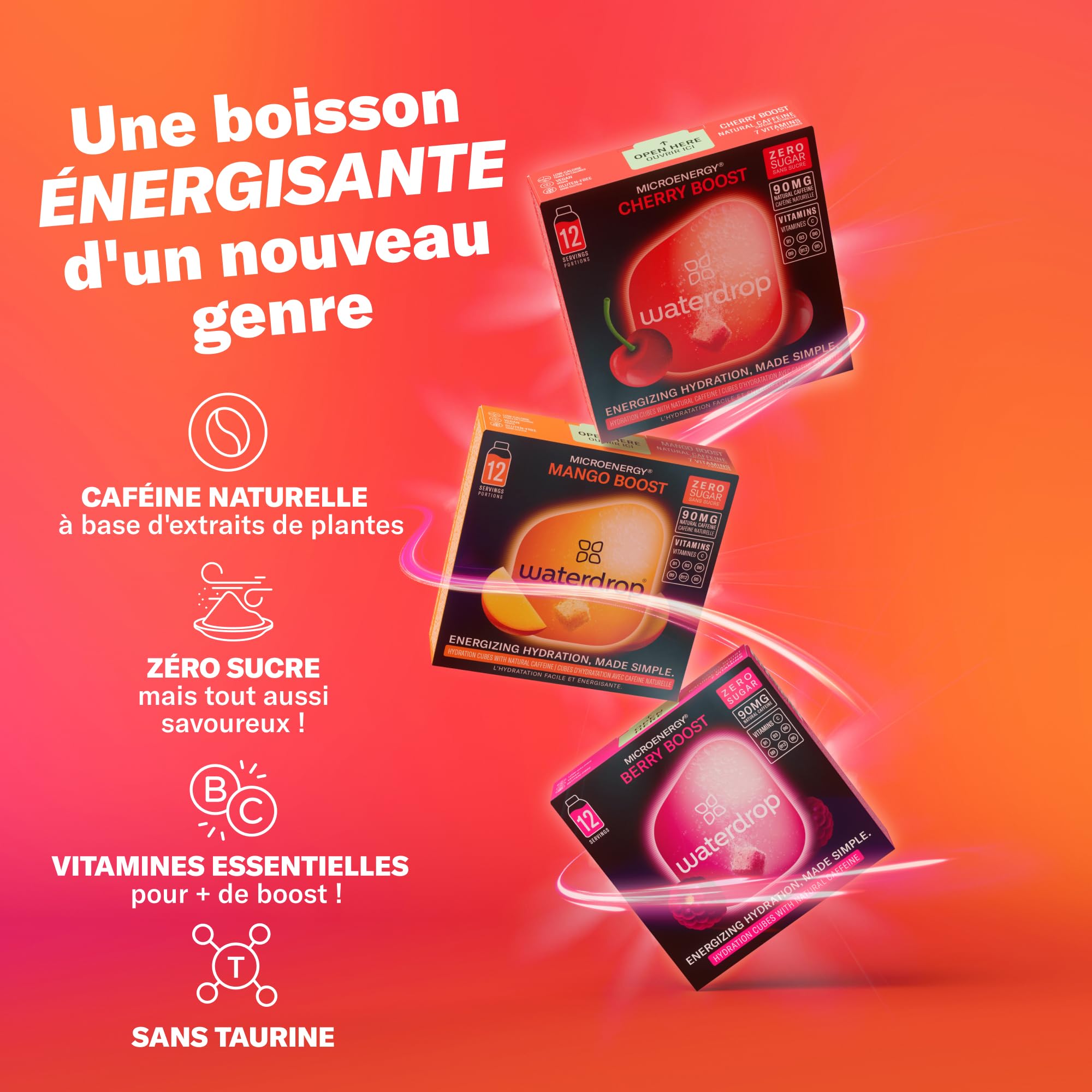 waterdrop® Coffret Microenergy, Boisson Énergisante Sans Sucre, Boisson Gazeuse aux Arômes de Mûre, Mangue et Cerise, 36 Cubes Effervescents avec 90 mg de Caféine Naturelle, Vitamines B et C