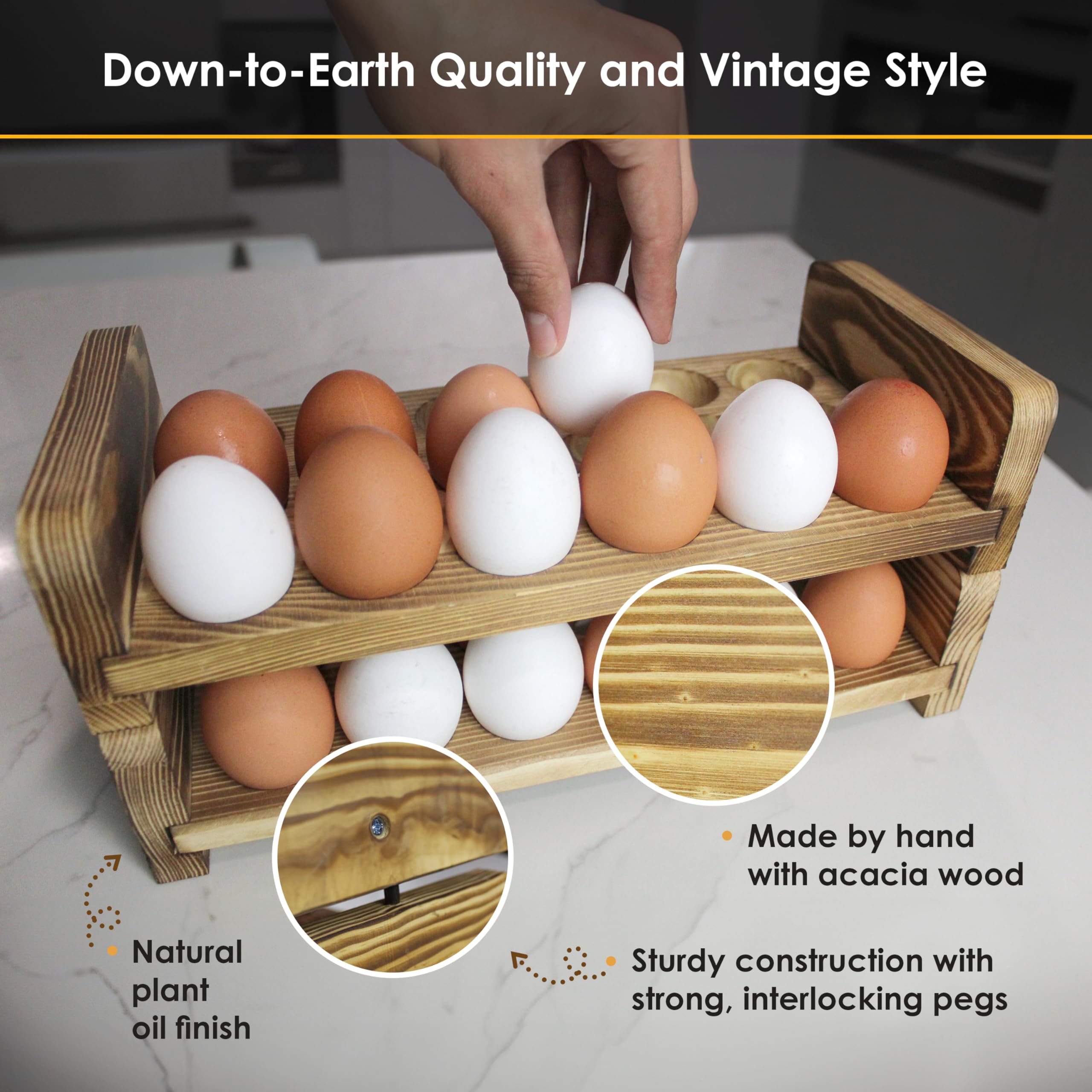 Portauova espandibile impilabile in legno per 36 uova, decorazione rustica della cucina, portauova compatto in due pezzi per bancone, design decorativo a forma di pollo, pollaio Gui (doppio rack)