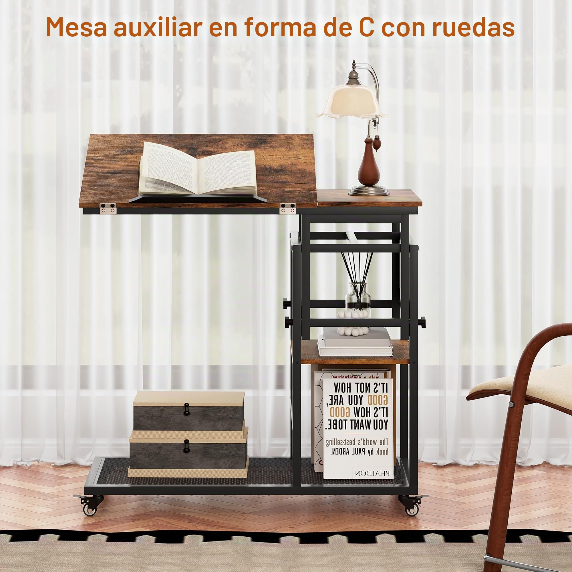 TQVAI Mesita Auxiliar en Forma de C, mesita de Altura Regulable con estantes de Almacenamiento sobre Ruedas y Tablero de Madera inclinable para salón, Dormitorio y sofá, Negro/Antiguo