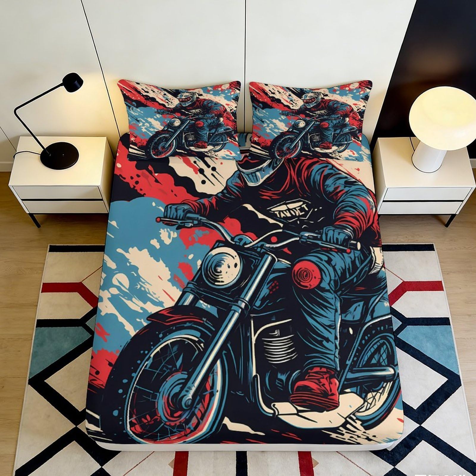 3D Printed Motorcycle Rider Fitted Sheet Microfiber Durable 3D Printed Biker Mattress Cover for Bedroom Dormitory Guest Room Bed Protection 160x200x25cm