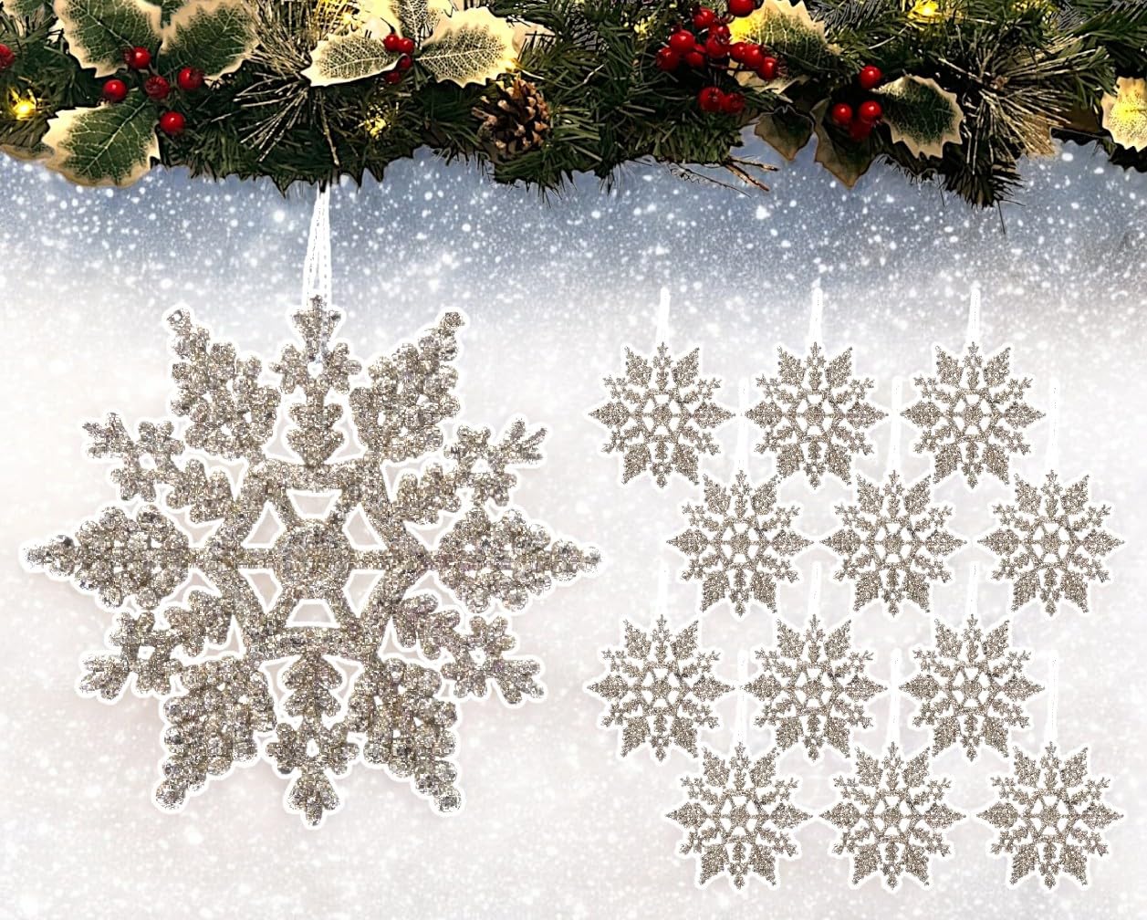 Simply Products Champagne Gold 12Pk Glitter Snowflake Hanging Decorations, Christmas Tree Snowflake Baubles/Ornaments (Champagne Gold)