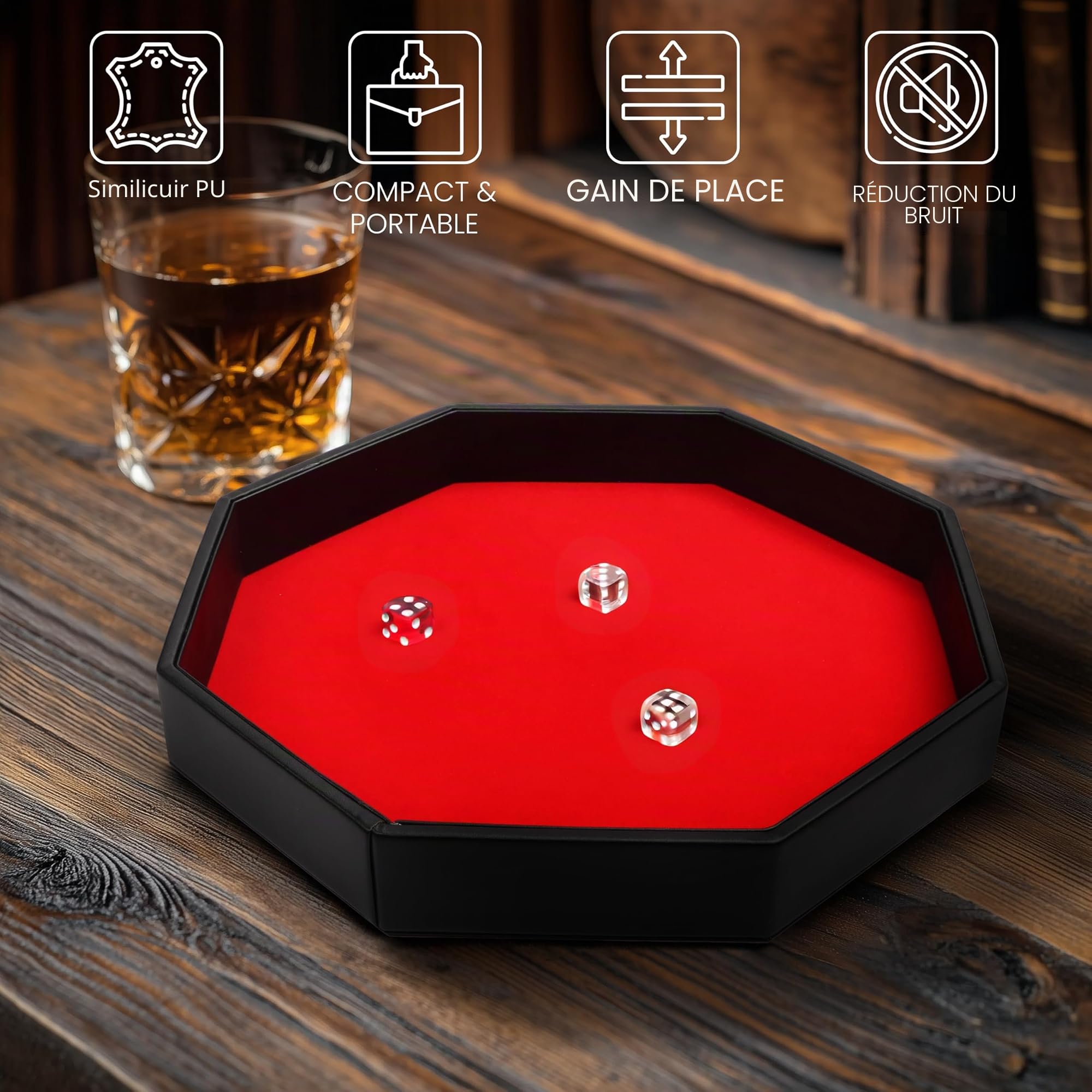 BELLE VOUS Piste de Dés Octogone en Simili Cuir Noir et Velours Rouge - Plateau Jeu de Dés pour Les Jeux de Table comme Les RPG et Les DND/D&D - Plateau Fourre-Tout pour Bijoux