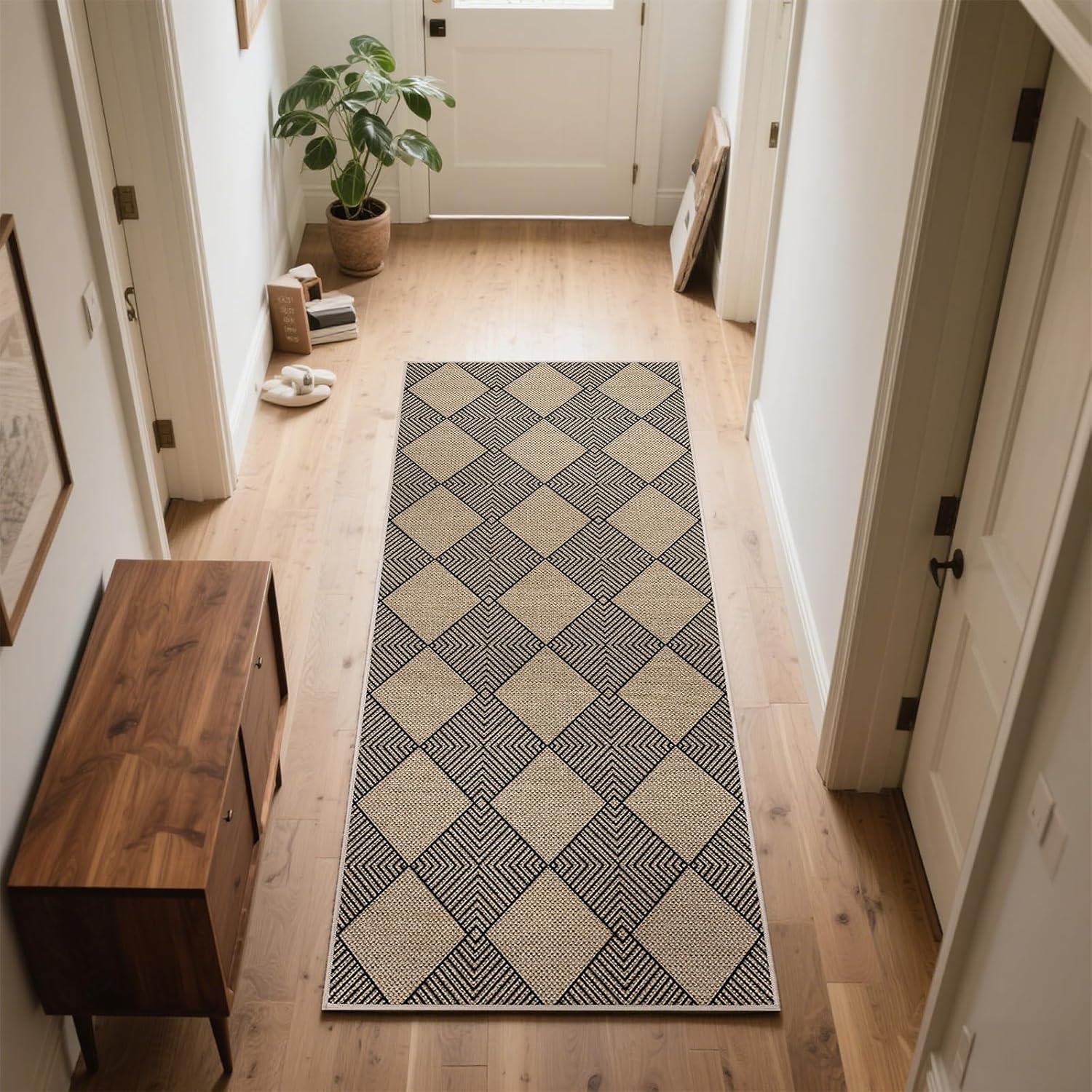 SHACOS Easy Jute 2x6 ft Washable Runner Rug Non Slip Low Pile Woven Texture Geometric Diamond Farmhouse Rug for Entryway Hallway Patio Kitchen Porch Indoor Outdoor, Black Checkered - Image 8