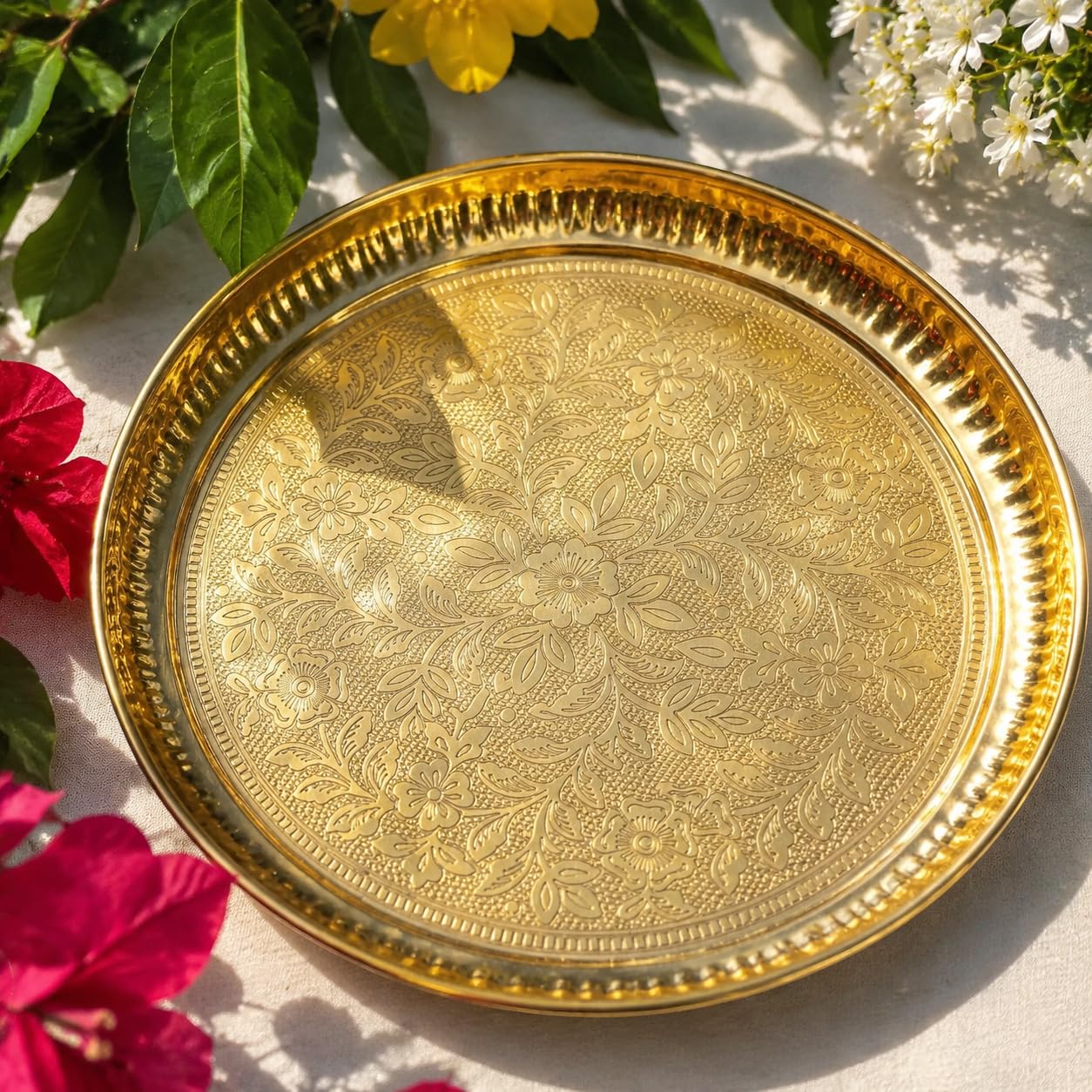 Pure Source India Handmade Flower Embossed Design Brass Puja Thali, Meenakari Pital Aarti Plate Used for Hindu Rituals Like Pooja, Karwa Chauth, Rakhi, Diwali, Return Gift Items (12 inches)-image-18