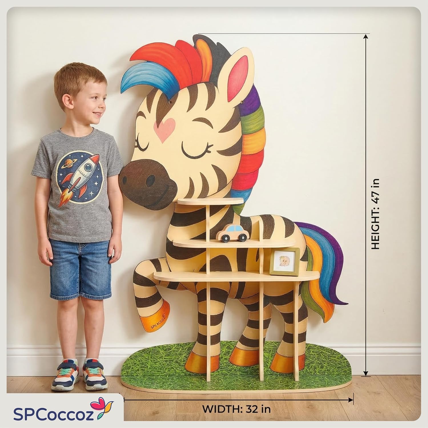 Zebra Large Kids Bookshelf Organizer - 47" Tall Wooden Book Shelf for Kids Rooms - Kid Bookshelf for Nursery Shelving, Playroom Organization And Storage, Kid Room Decor or Nursery Bookcase Toy Shelf