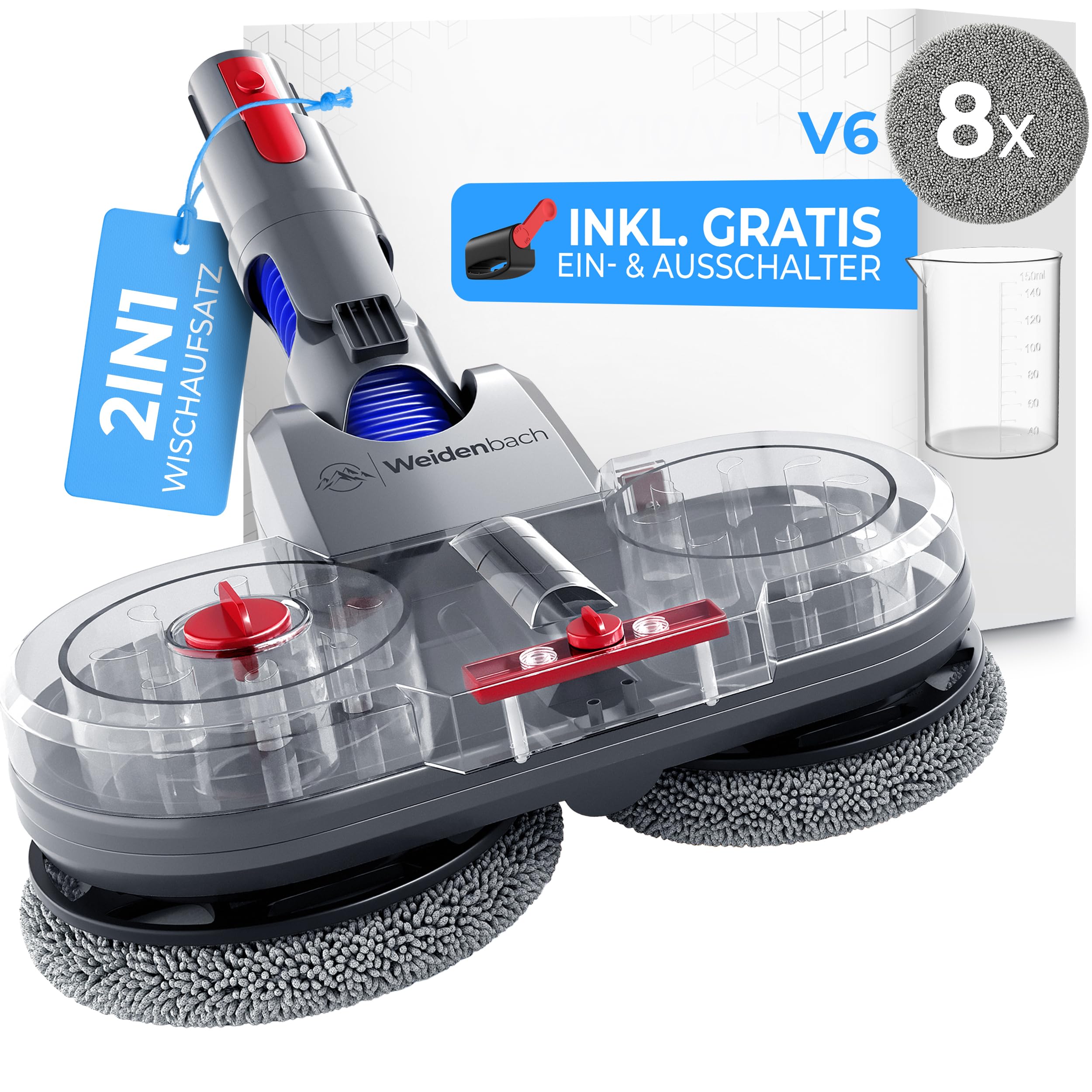Testsieger - Wischaufsatz für Dyson V6 - elektrischer Staubsauger - Wischmop Aufsatz - Nass und Trockensauger - mit abnehmbarem Wassertank, Füllbehälter & 8 waschbaren Mops