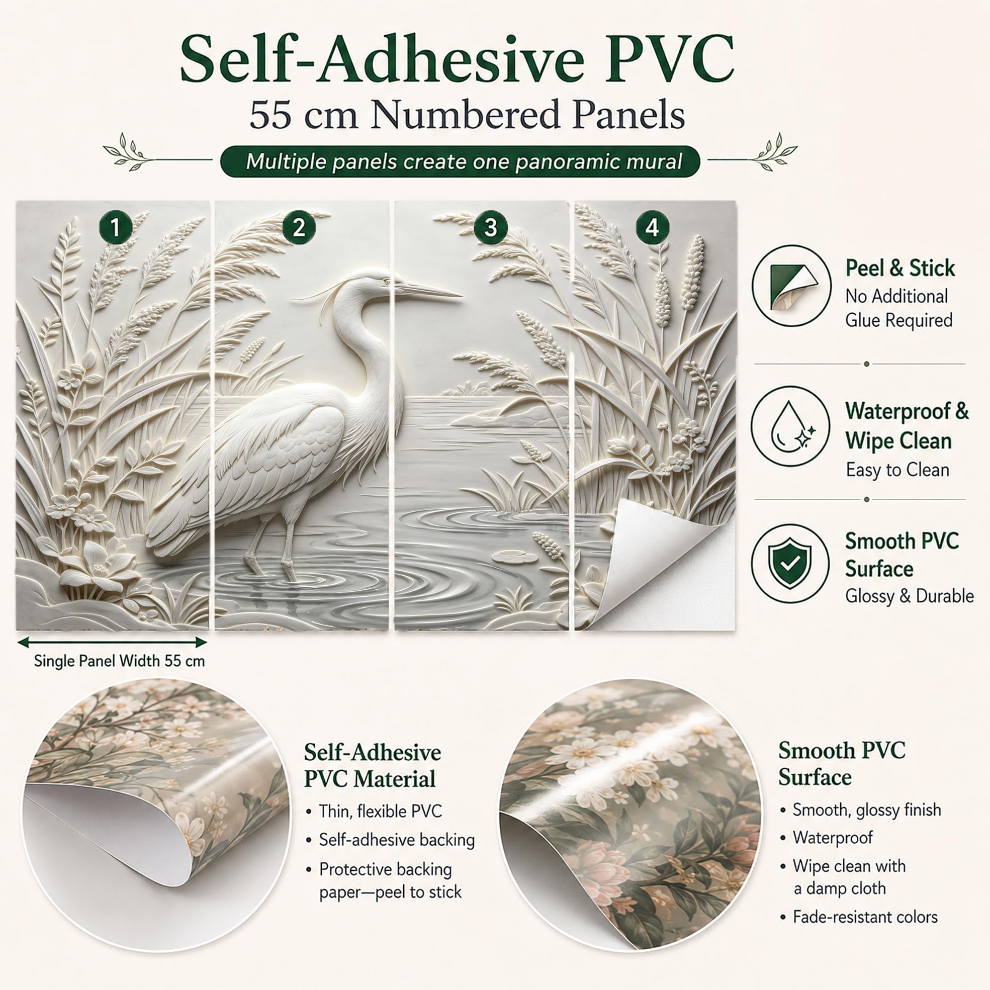 PVC Carta Parati Autoadesiva 3D con Canne Aironi in Rilievo Murale Parete 200 x 250 cm Effetto Texture in Rilievo Rimovibile Impermeabile Ideale per Soggiorno Camera Letto Decorazione Pareti.