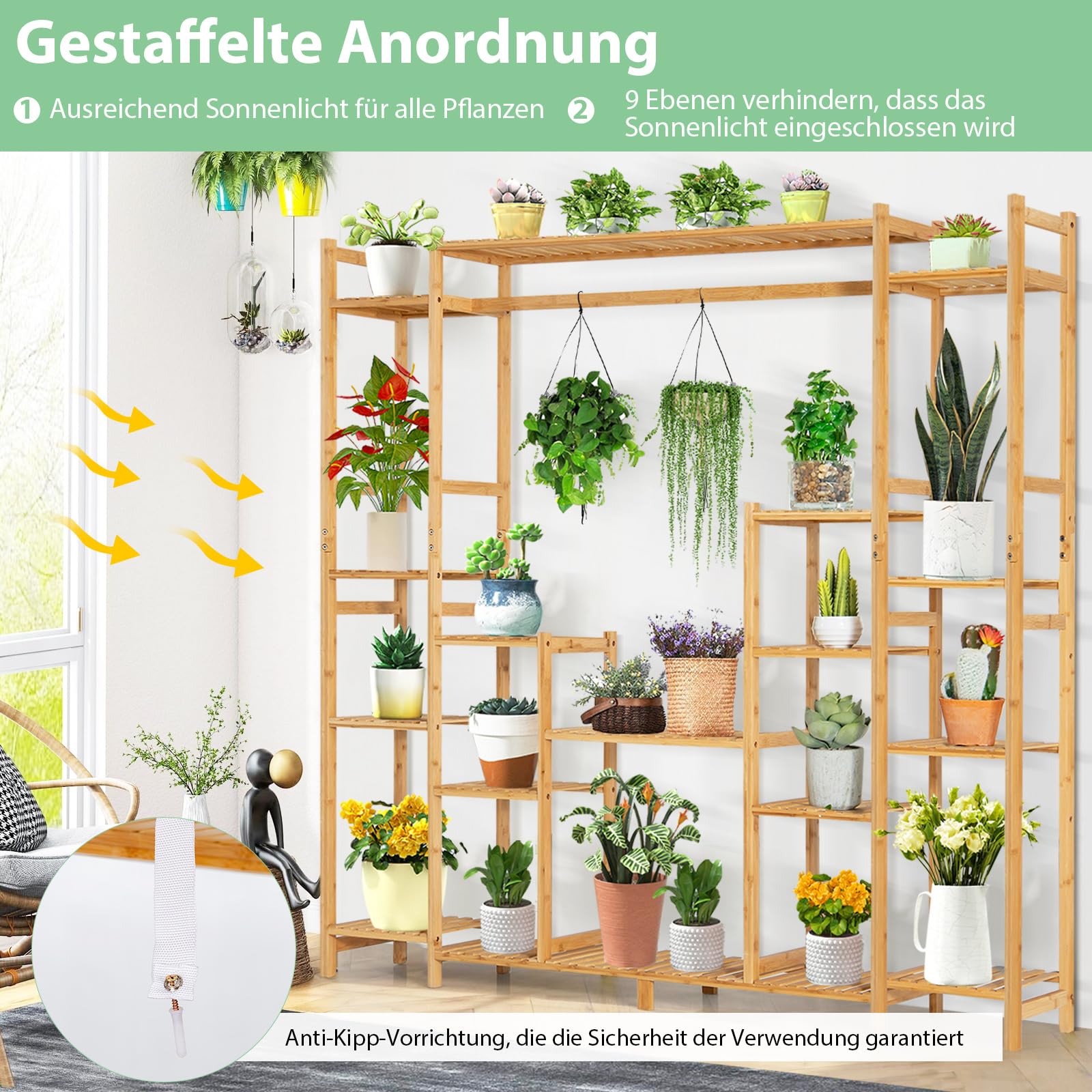COSTWAY Pflanzenregal Bambus, Standregal mit 9 Ebenen, Raumteiler Blumenregal mit Hängegestell, Treppenregal Stufenregal Pflanzenständer, Bambusregal für Wohnzimmer Balkon, 167 x 30 x 166 cm
