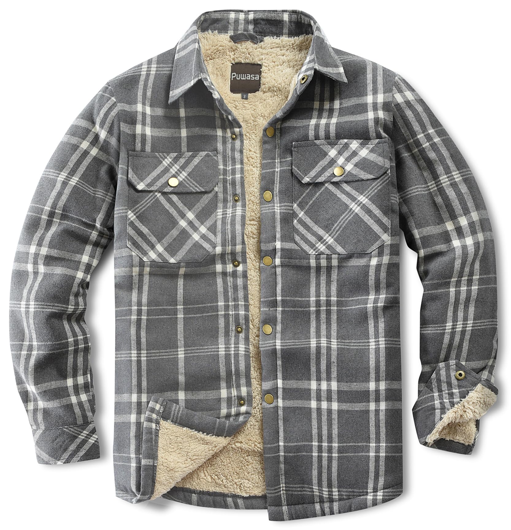 Men's Sherpa Lined Cotton Flannel Shirt Jacket Plaid Button Up Jacket Coat for Men with Pocket