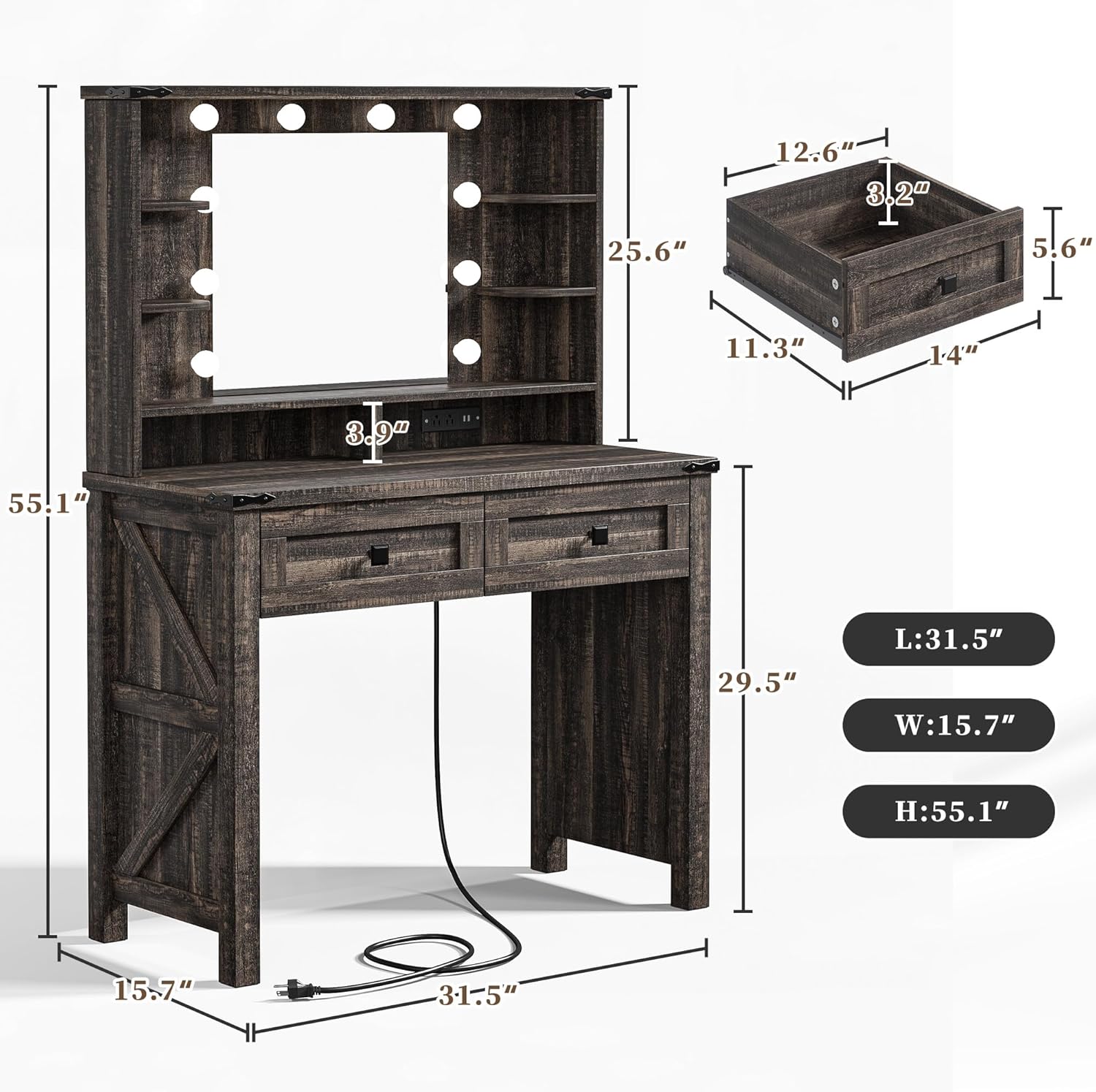 EnHomee Small Vanity Desk with Mirror and Lights, Makeup Vanity with Storage Drawer, Wooden Vanity Desk with Charging Staion for Women's Bedroom, Small Space, Dark Oak