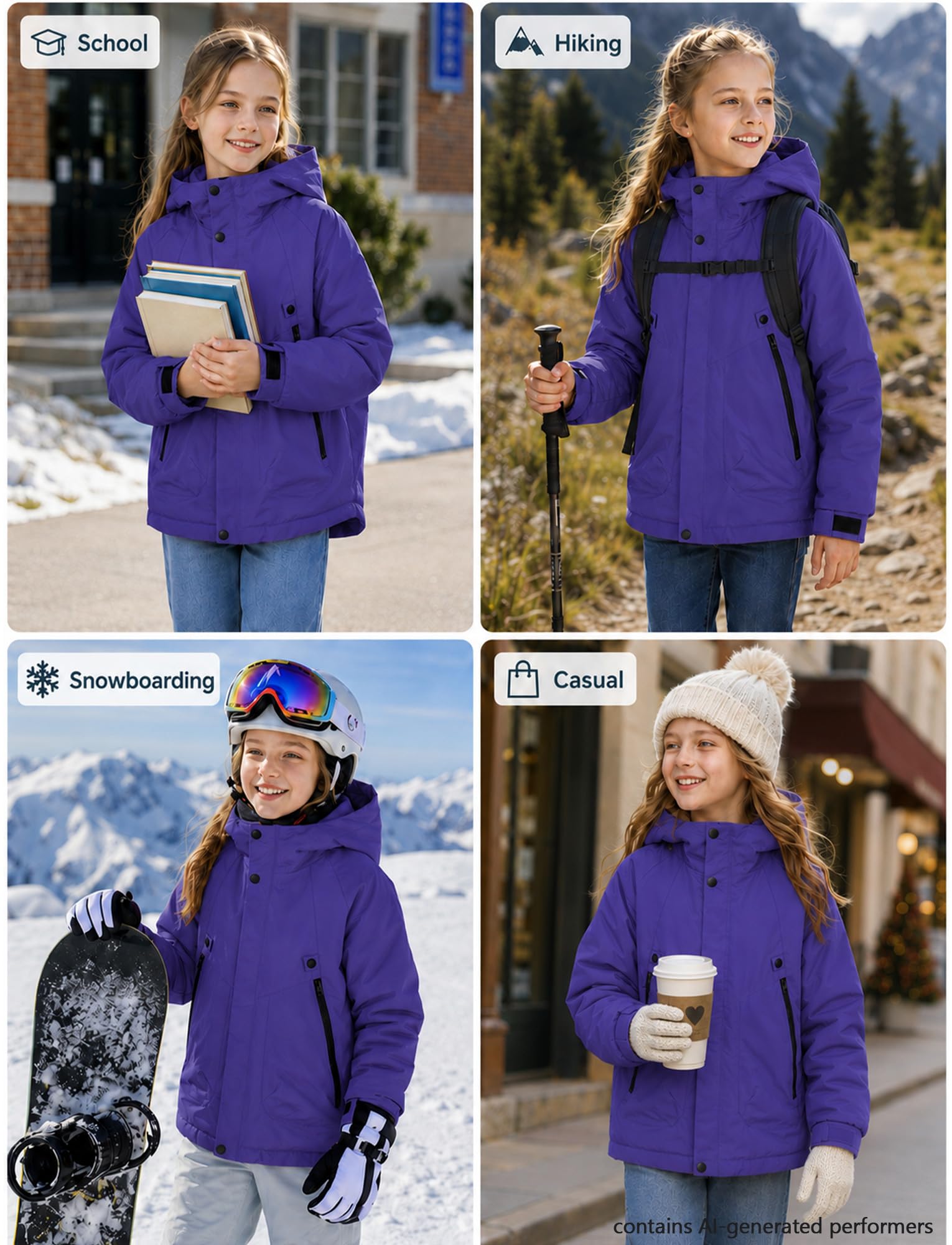 Manteau d'Hiver Imperméable Fille Garçon Veste de Ski Coupe-Vent à Capuche Blouson Doublure en Polaire Décontracté 4-13 Ans